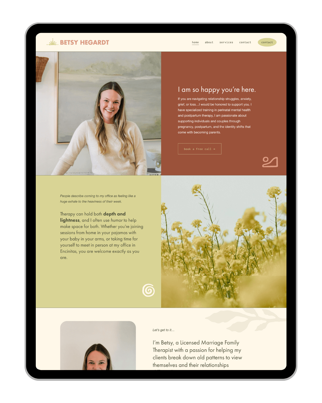 Screenshot of a website homepage for Betsy Hegardt, a licensed marriage and family therapist. The page includes a photo of a woman smiling, some text describing her services, a background image of yellow flowers, and a navigation menu at the top with