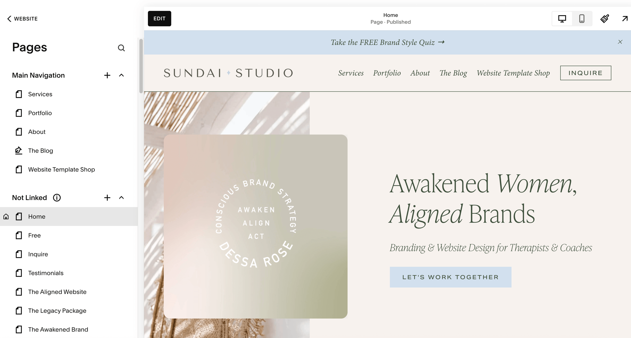Picture of sundaistudio.com homepage which shows Squarespace design panel and design work