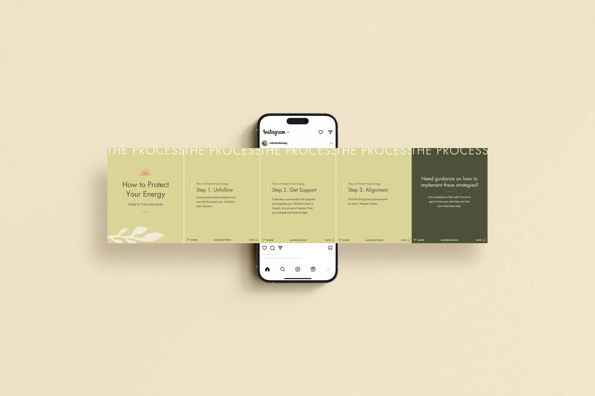 A smartphone displaying an Instagram post about a five-step guide on how to protect your energy, with the steps Unfollow, Get Support, and Alignment visible. The phone is positioned on a beige background with a horizontal strip of five slides beneath