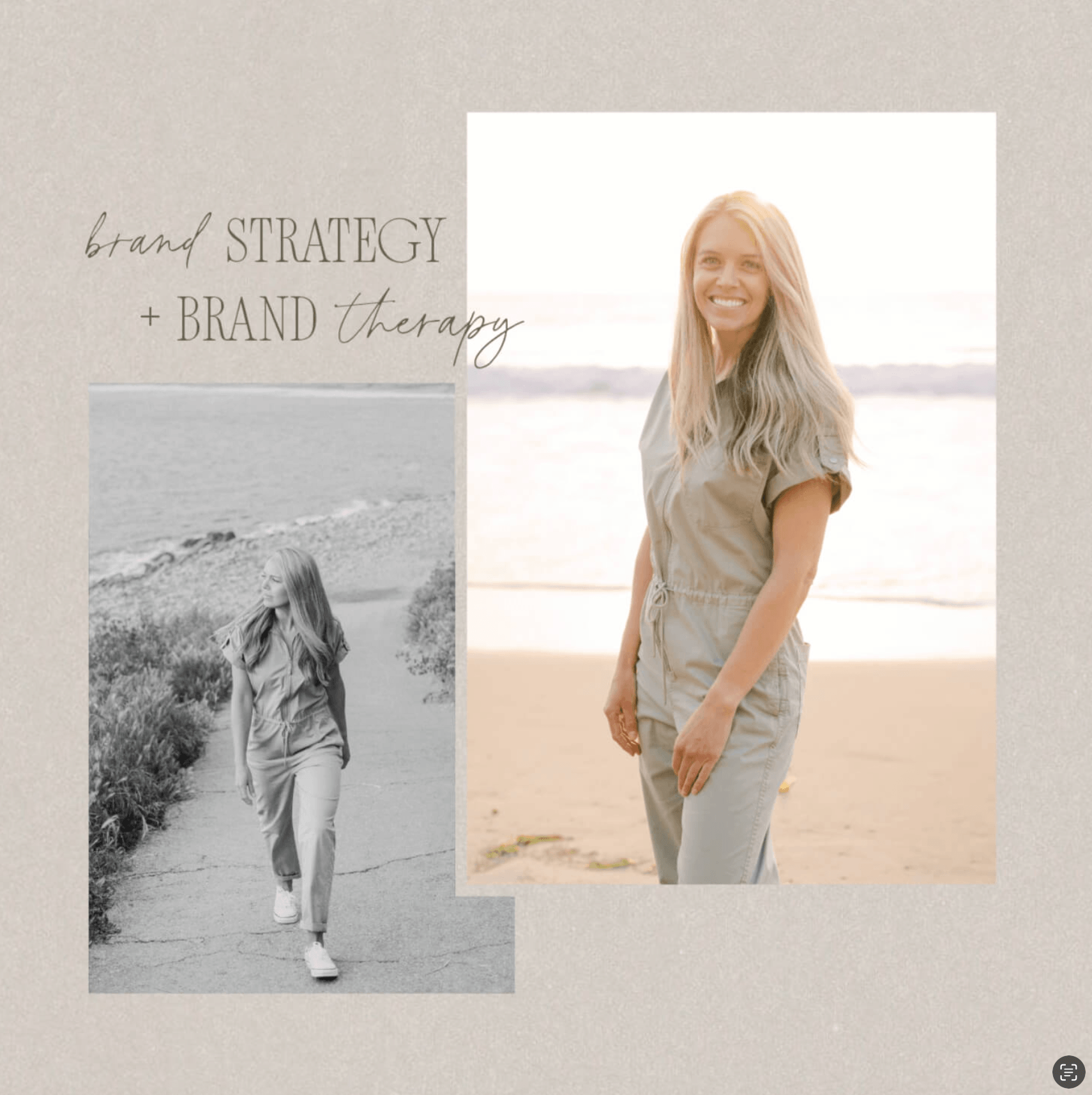 photo branded collage of woman in sage green jumpsuit walking on the beach, smiling looking at camera