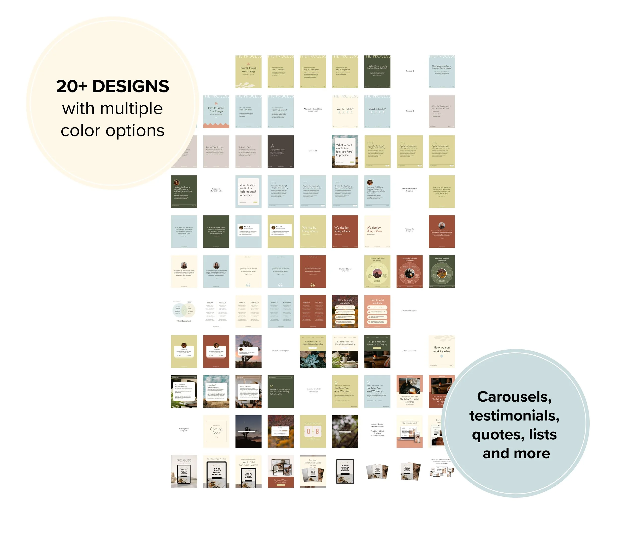 A digital collage of various designs, including carousels, testimonials, quotes, lists, and more, with a text overlay stating '20+ DESIGNS with multiple color options' and a partial view of the word 'Carousels,' and 'testimonials, quotes, lists and m