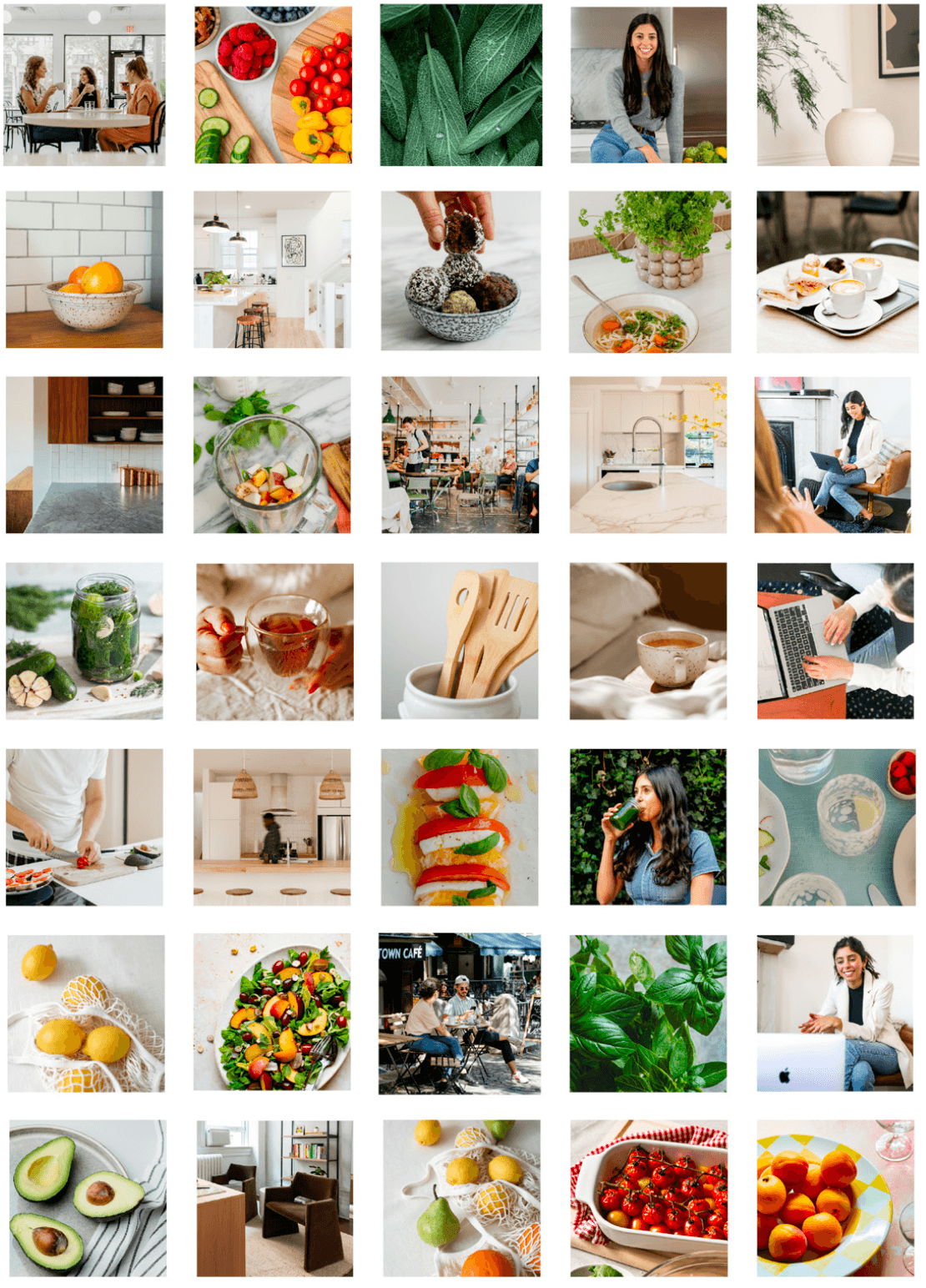 brand photos are collection of healthy food in the kitchen and woman with dark hair smiling