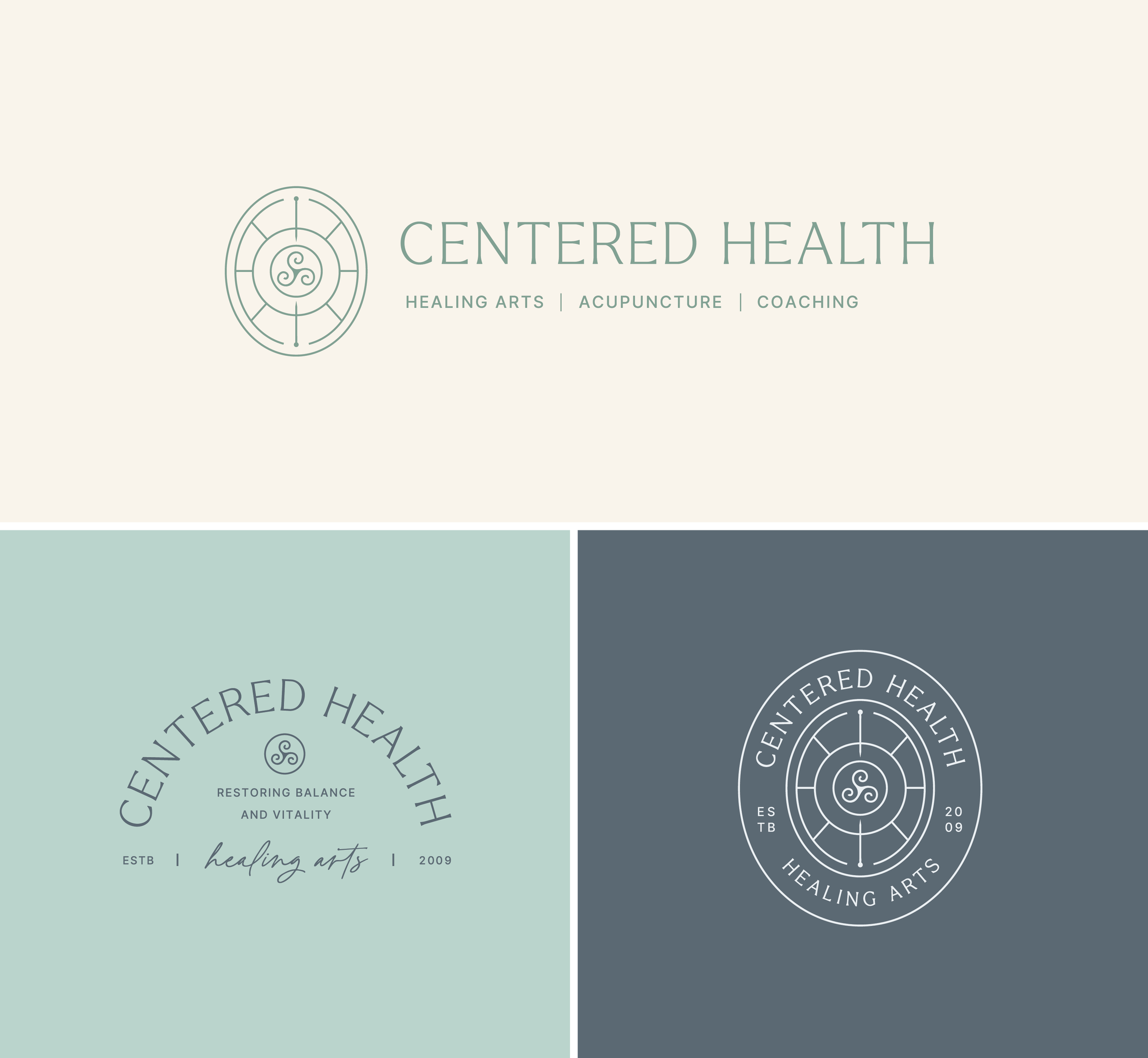 Logo design for centered health, a coaching and acupuncture clinic, light green on cream background with thin delicate linework