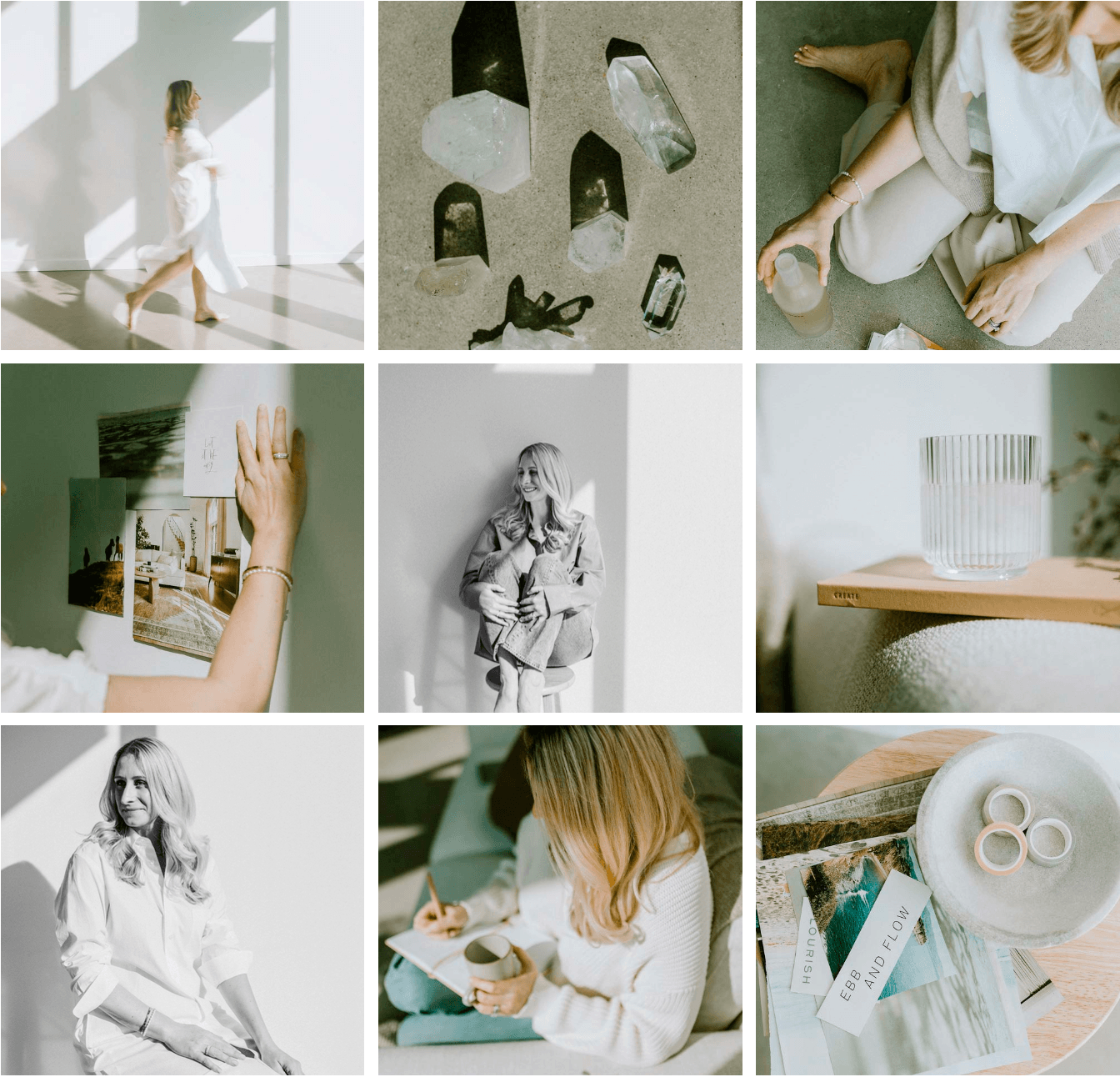 brand photo grid of kaileen, woman with blonde hair, white shirt, light and shadows and crystals