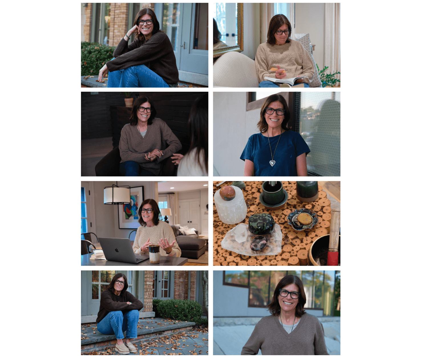 6 images of brand imagery showing woman smiling with brown hair and glasses