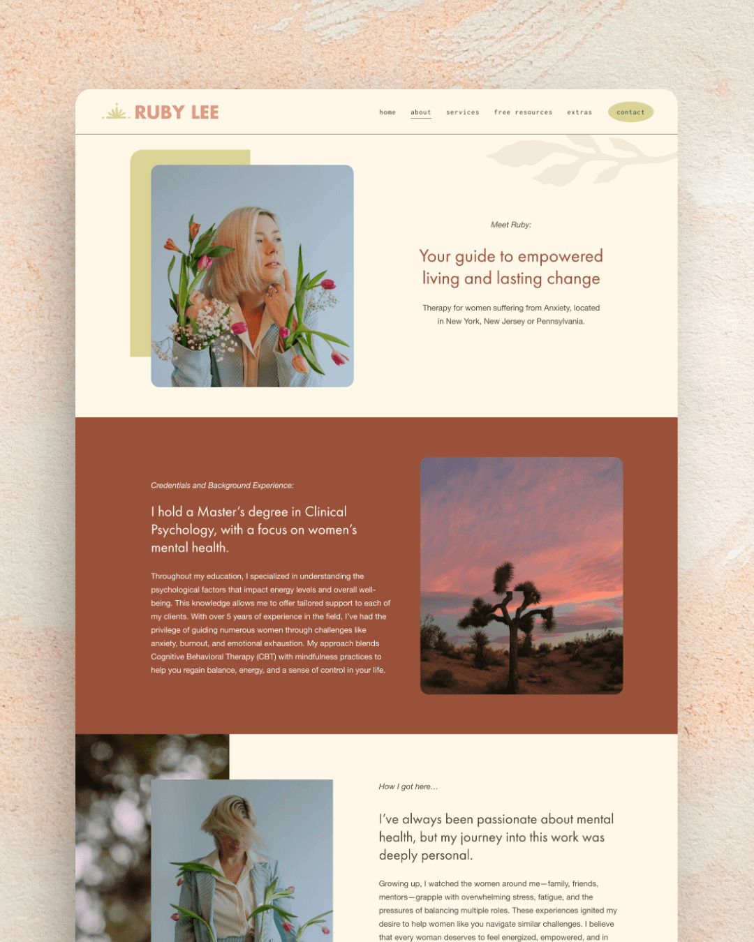 A screenshot of a personal therapy or coaching website for Ruby Lee, featuring sections with images of a woman with blonde hair holding flowers, a desert landscape with a tree at sunset, and text describing services and background.