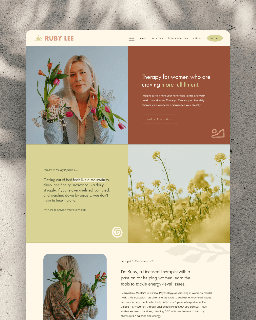 Website homepage for Ruby Lee, a licensed therapist offering therapy for women, featuring images of a woman holding flowers and a field of yellow flowers, with navigation menu and a call-to-action button.