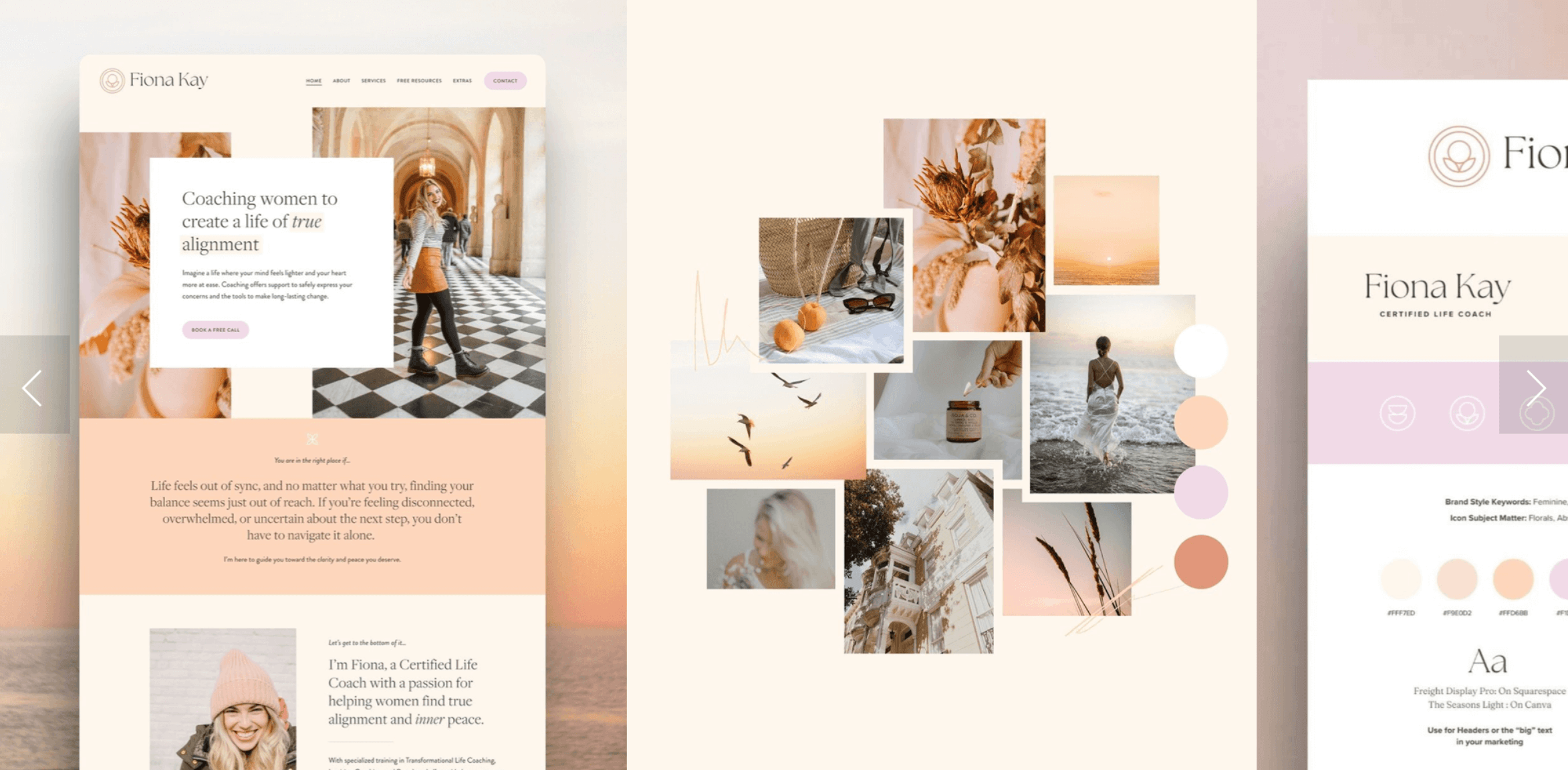 Photo of Website and branding mockup for the Fiona Website Template using colors like coral, pinks and purples.