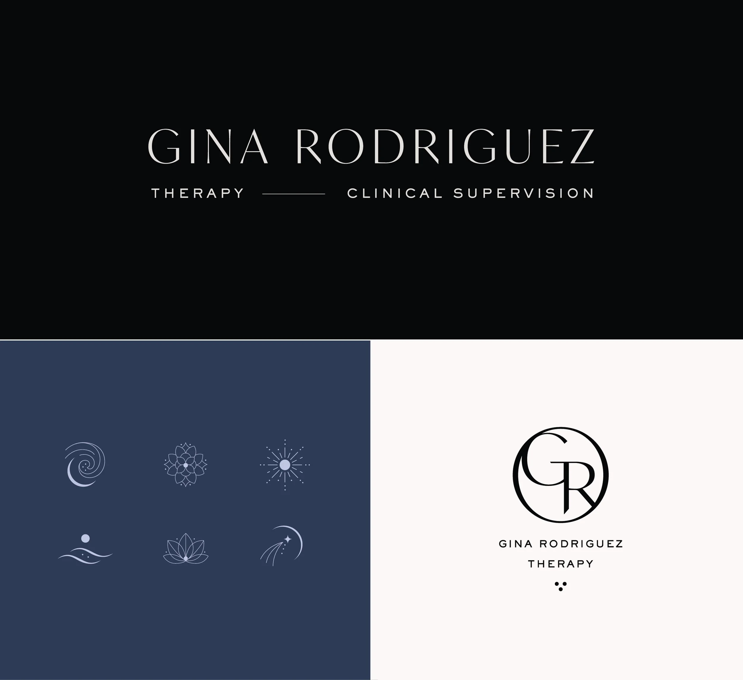 Logo design for Gina, therapist, with minimal clean white text on black background with icons of the moon, stars, and succulent flower.