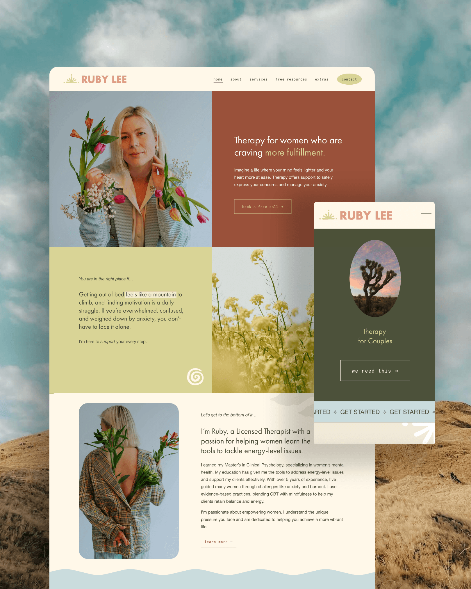 Multiple screenshots of a therapy website with the name Ruby Lee, featuring images of a woman holding flowers, a cactus, and desert landscape background, with text about therapy services for women.