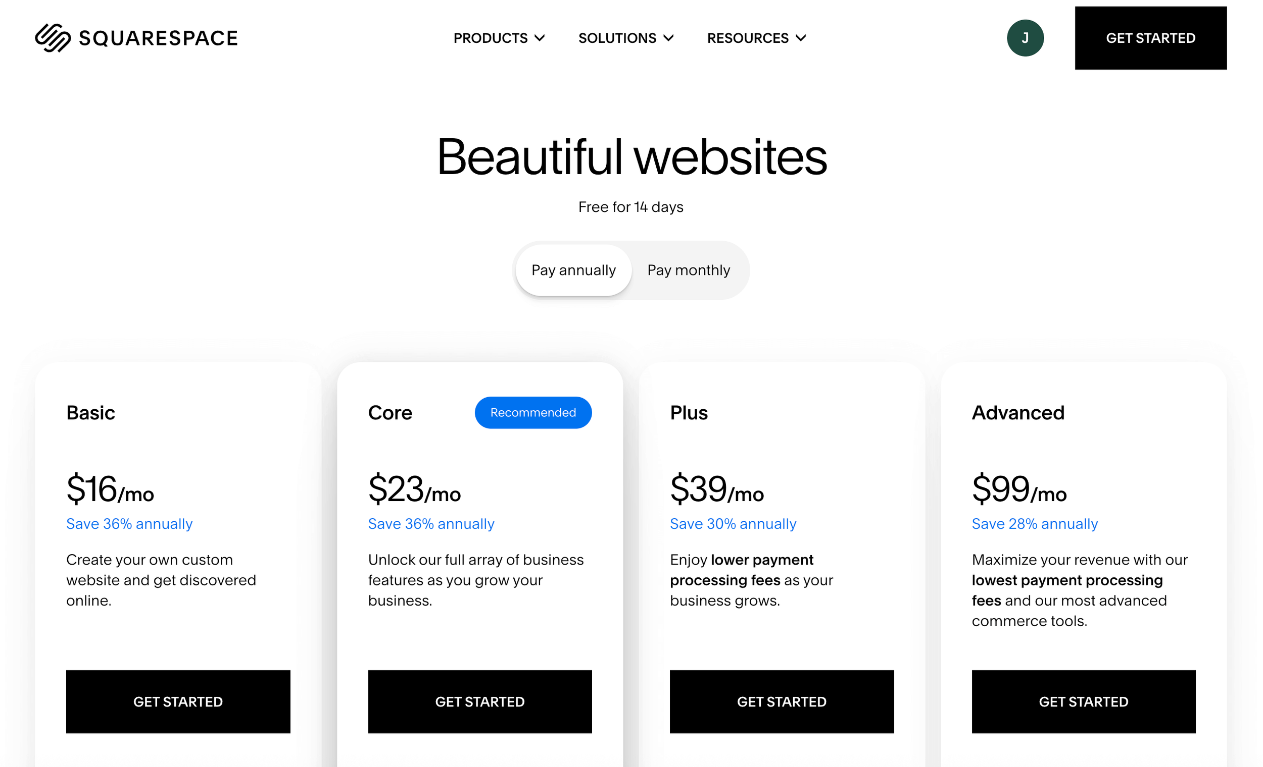 Squarespace pricing plan mockup showing four different price options