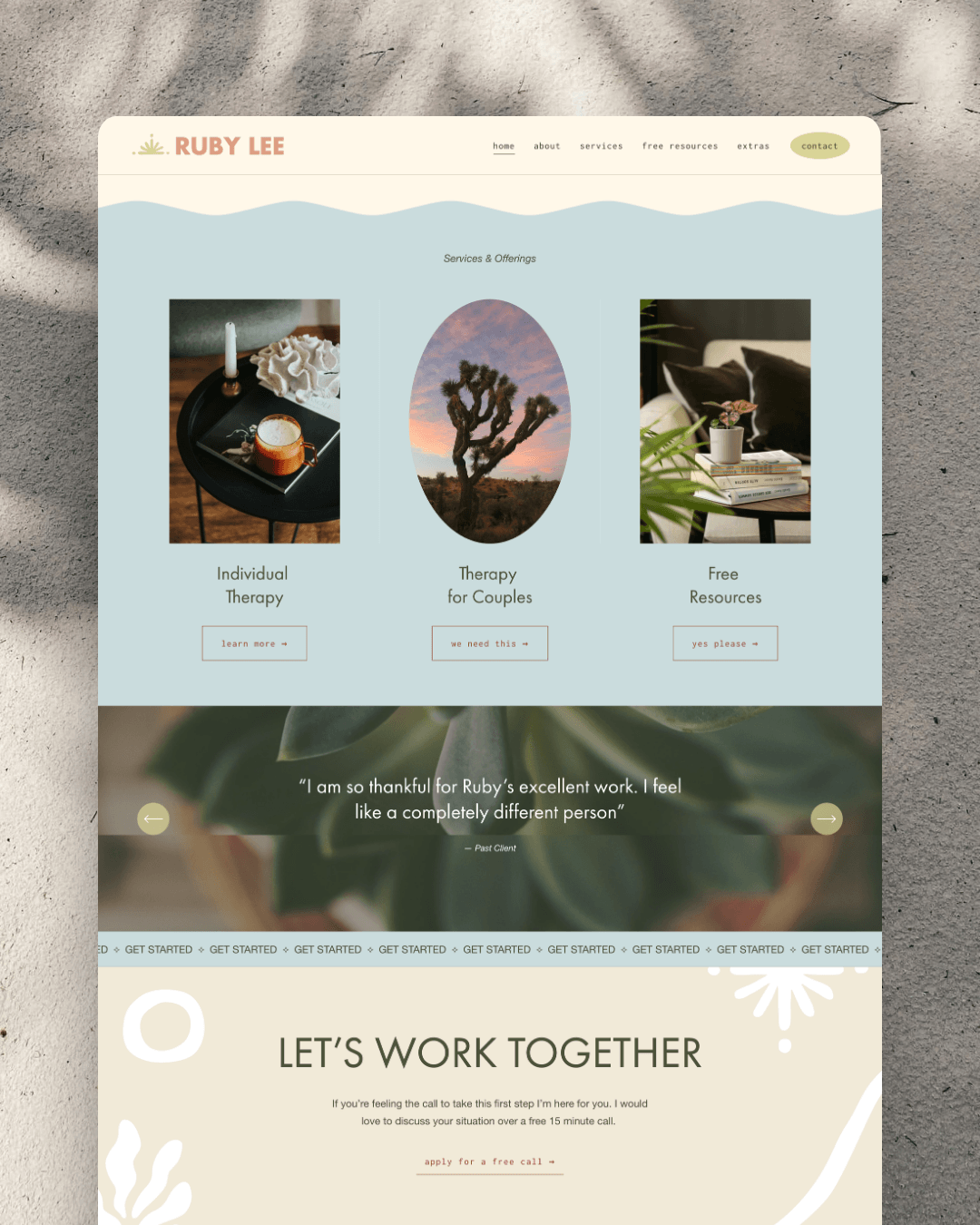 A website homepage for Ruby Lee, offering therapy services, including individual therapy, couples therapy, and free resources, with a calming color palette and nature-inspired imagery.