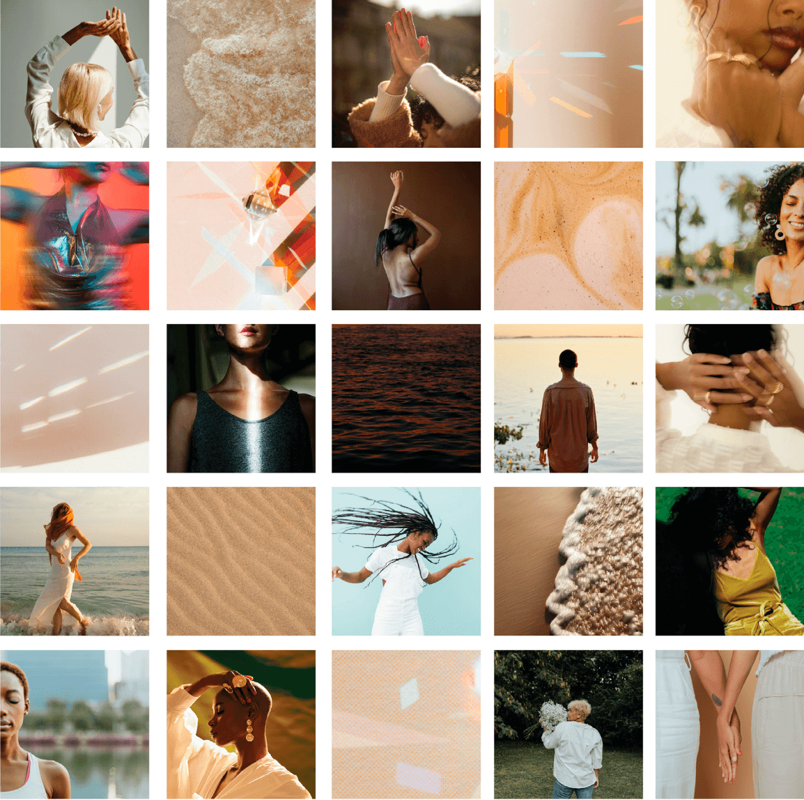 Brand collage of photography of women dancing, moving, embodying somatic work with still images of light and shadows