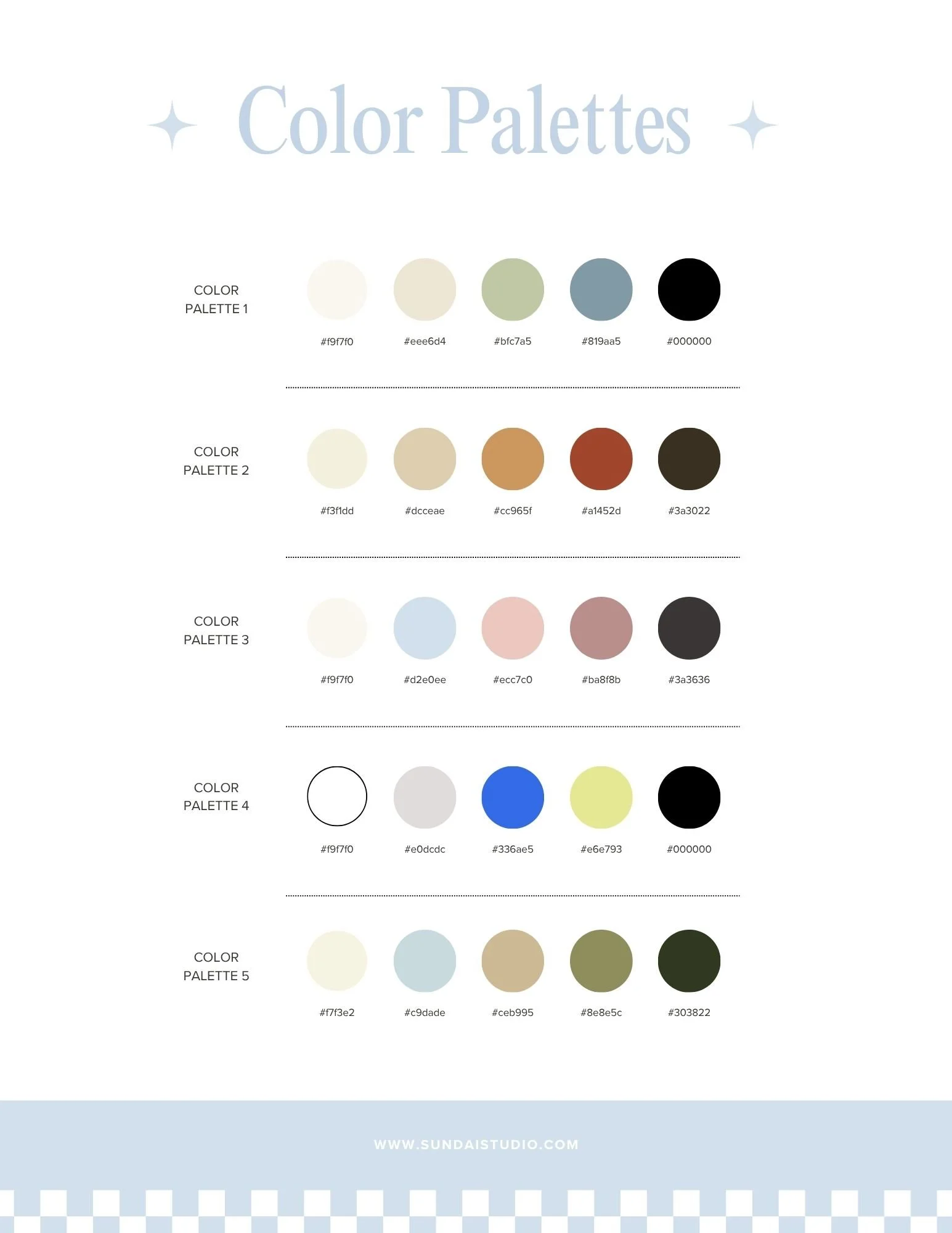 A color palette guide with five rows showing different color groups, each labeled as 'Color Palette' with their respective HEX codes underneath. The background includes a website link at the bottom.