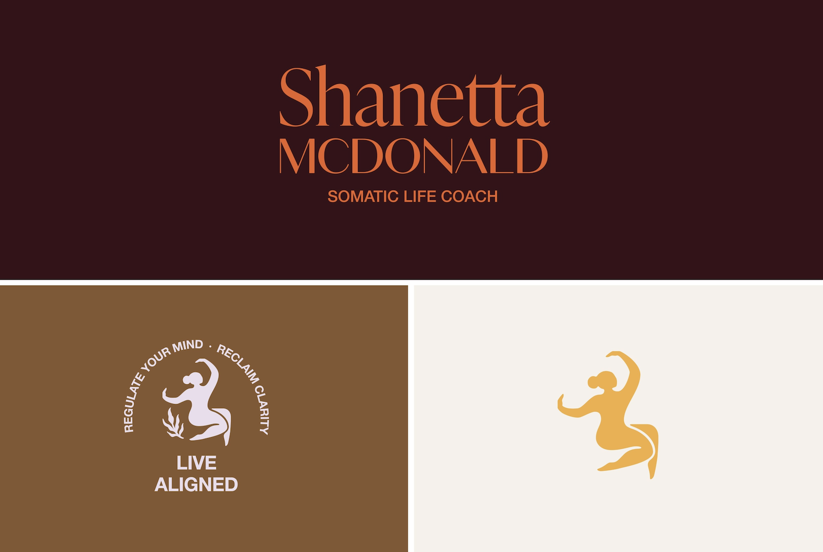 shanetta mcdonald logo design, red text on dark brown background with an illustration of a woman somatic work