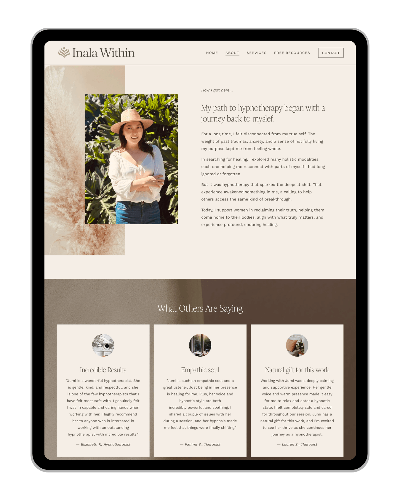 A screenshot of a website named 'Inala Within' with a navigation menu including Home, About, Services, Free Resources, Contact. The page features a person wearing a wide-brimmed hat and white blouse standing outdoors near greenery, with text describi