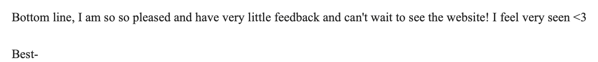 The image contains a partial text excerpt expressing excitement about a website, praising it for being very good and showing eagerness to see it.