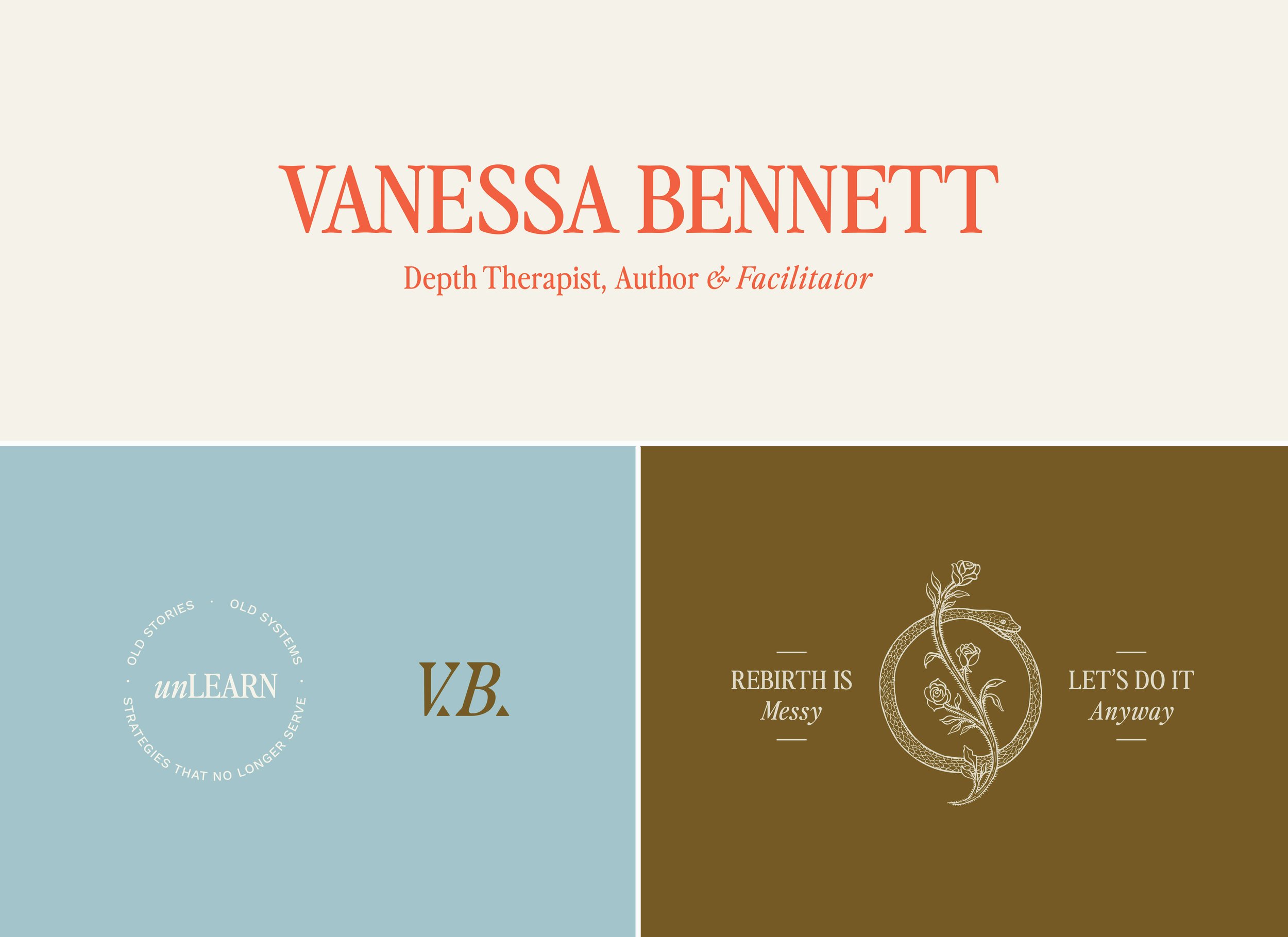 Vanessa Bennett logo design, red font on cream background with a snake illustration as the logo mark