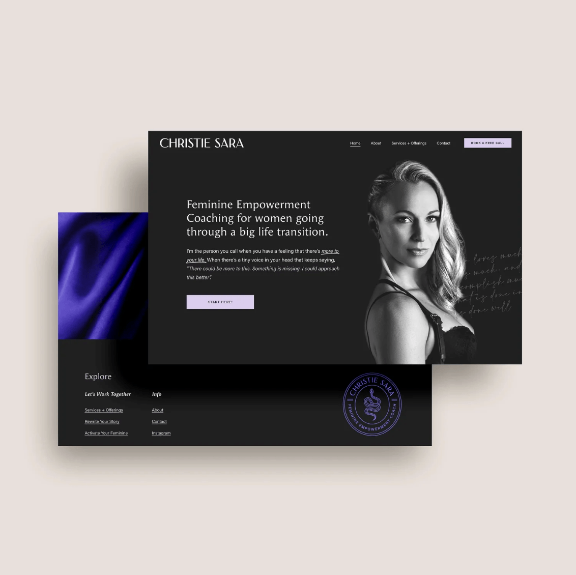 Website Mockup for female empowerment coach Christie Sara, coloring is black and dark purple