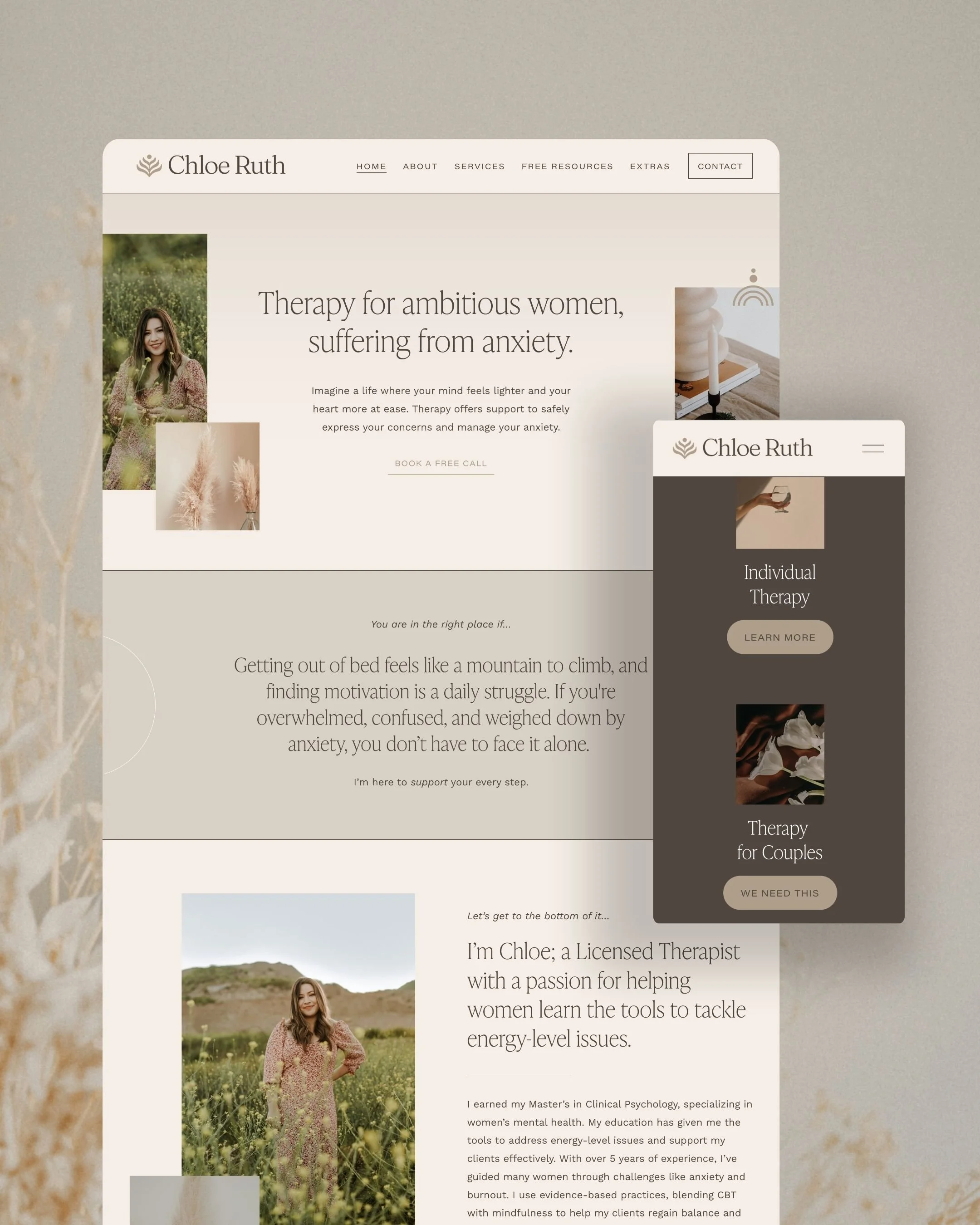 Screenshot of a mental health therapy website for Chloe Ruth, showing sections about individual therapy and therapy for couples, with images of a woman outdoors and floral arrangements.