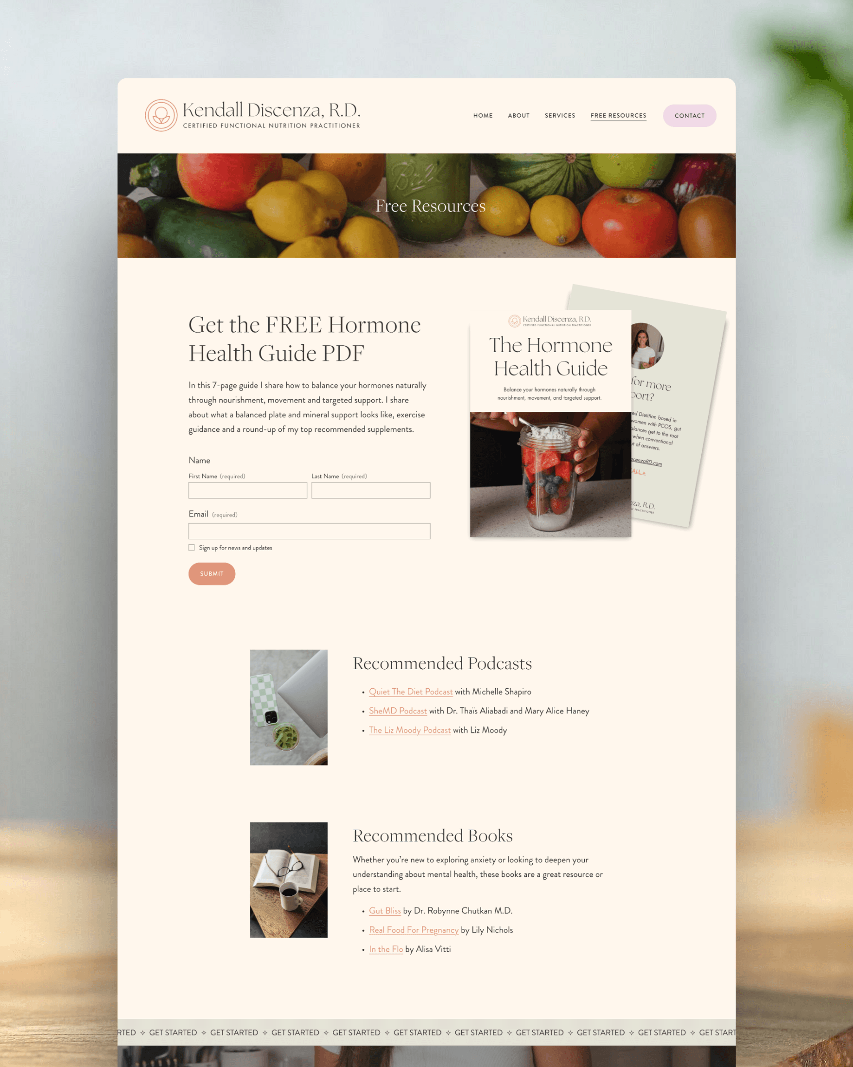 Mockup of a website for a Nutritionist Free Resources Page