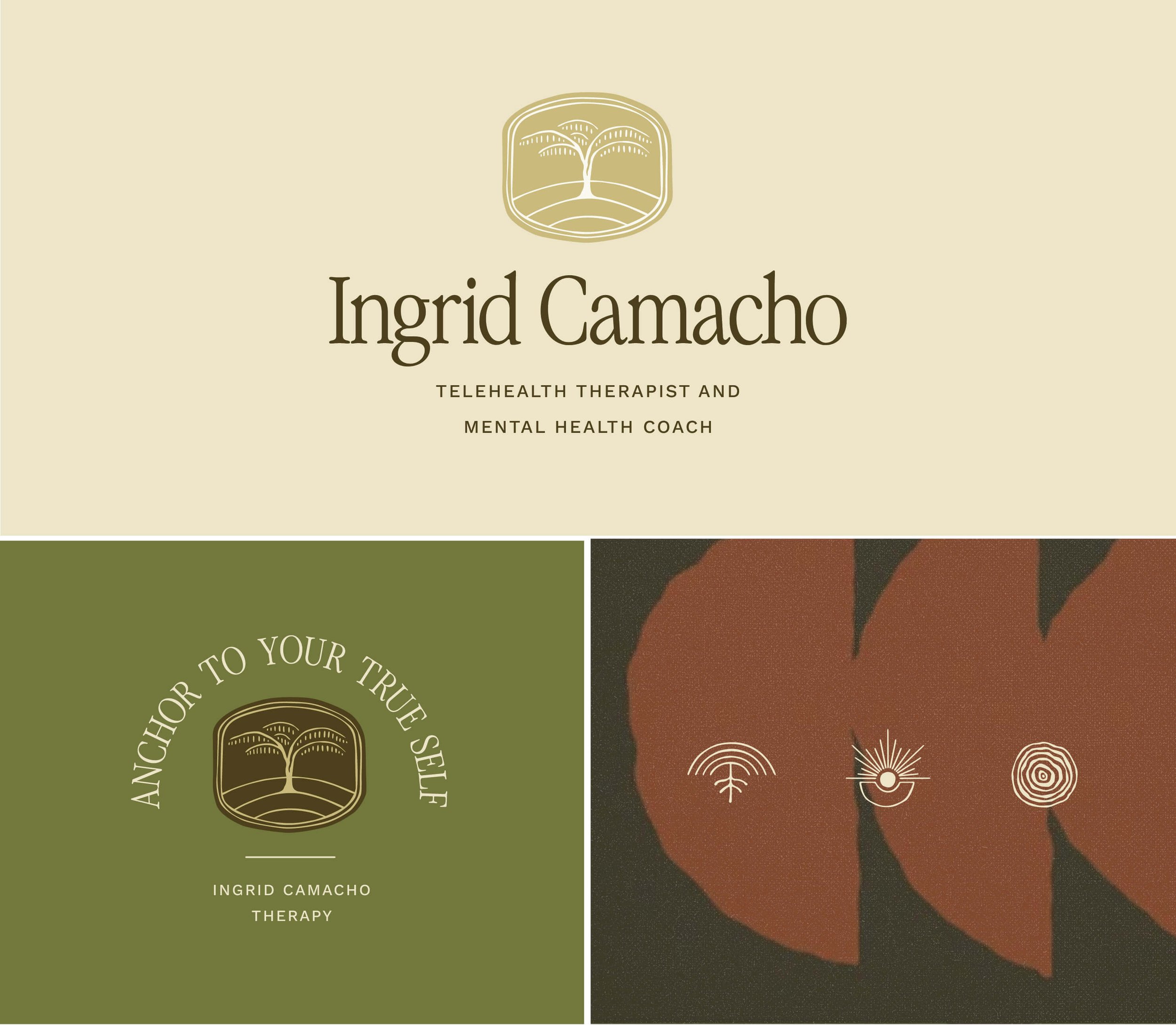 logo for ingrid camacho therapist using a tree symbol and colors are dark green dark cream and dark brown