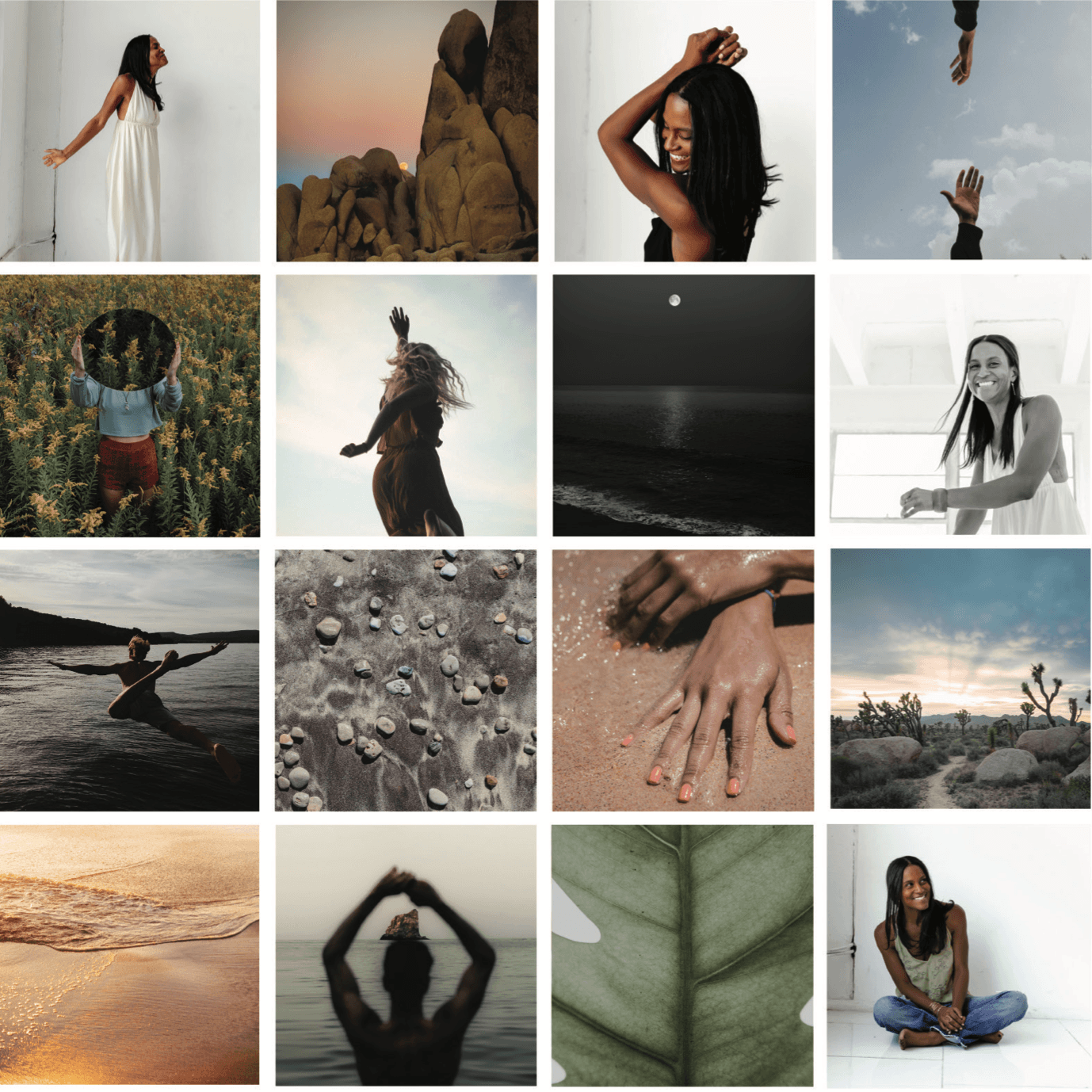 branding photo collage of dene, woman with dark hair smiling, and scenes of nature