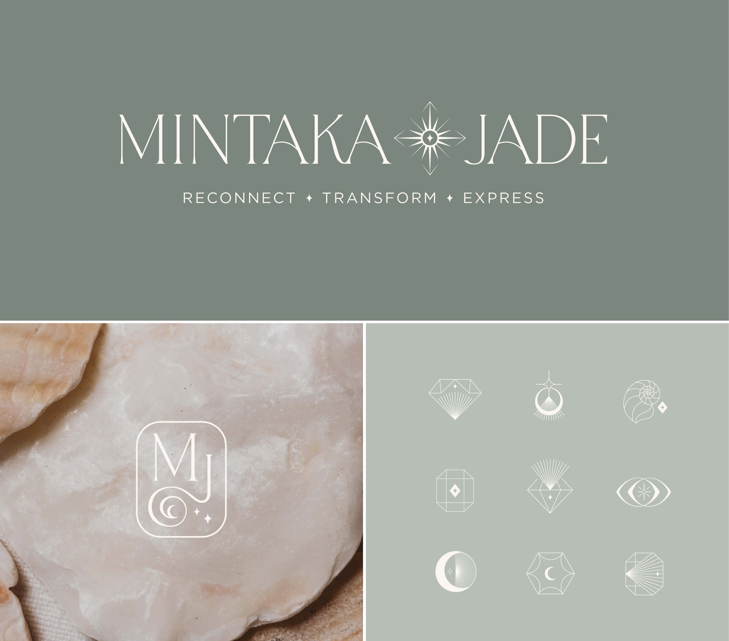 Logo design for mintaka jade, a yoga teacher, delicate serif font on sage green background.