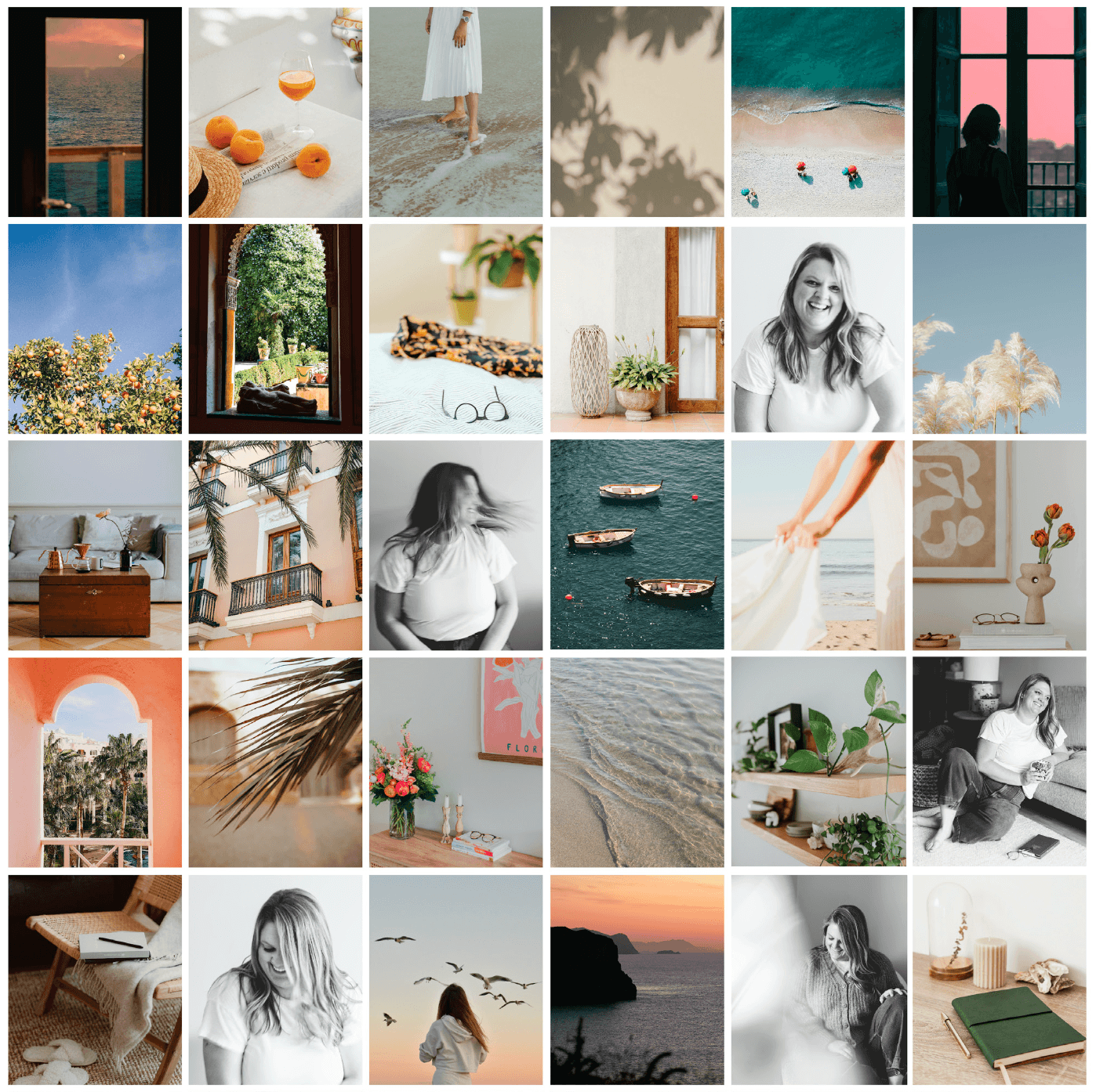 branding collage of a vacation feel, the beach, exploring through spain and a woman with her hair twirling and happy