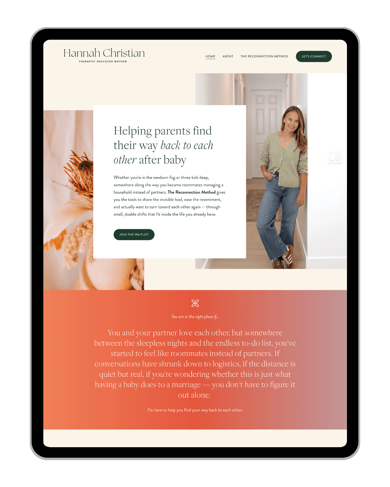 A tablet displaying a website for Hannah Christian, a therapist, educator, and mother. The homepage features a woman with long hair, wearing a light green cardigan and jeans, smiling and standing in a hallway. The page includes sections about helping