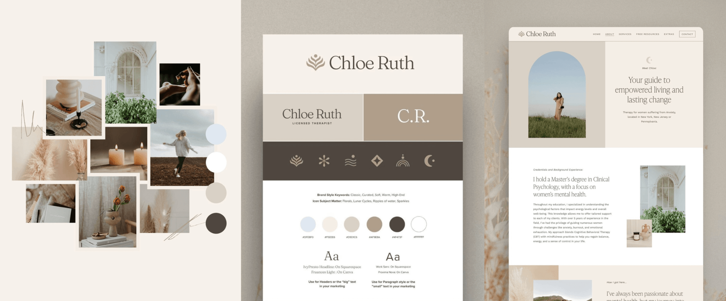 Photo of Website and branding mockup for the Chloe Website Template using colors like cream, brown and neutrals