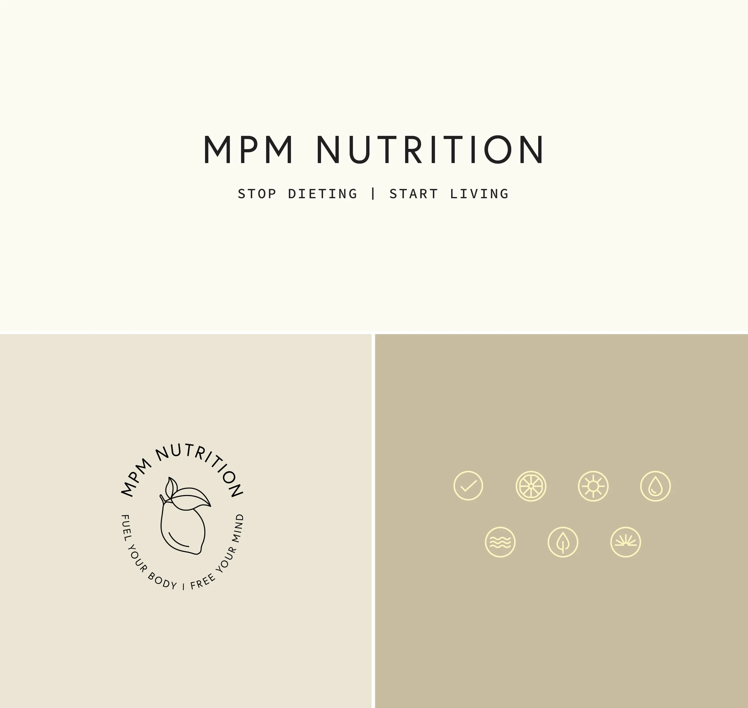 MPM nutrition logo design simple black text on cream background with lemon motif logo