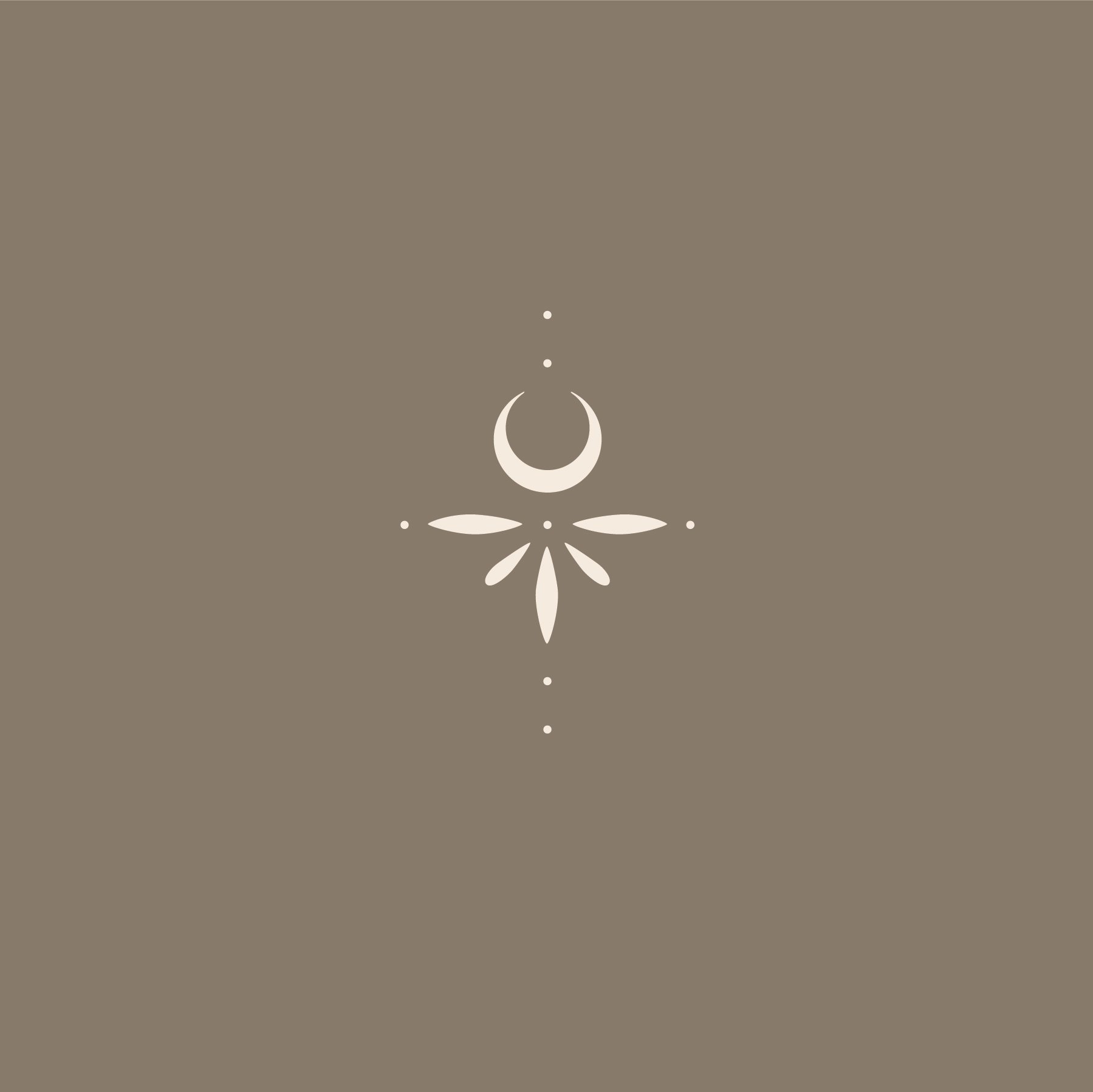 A minimalist, bohemian-style decorative graphic featuring a crescent moon, a stylized plant or feather, and small dots arranged vertically on a brown background.
