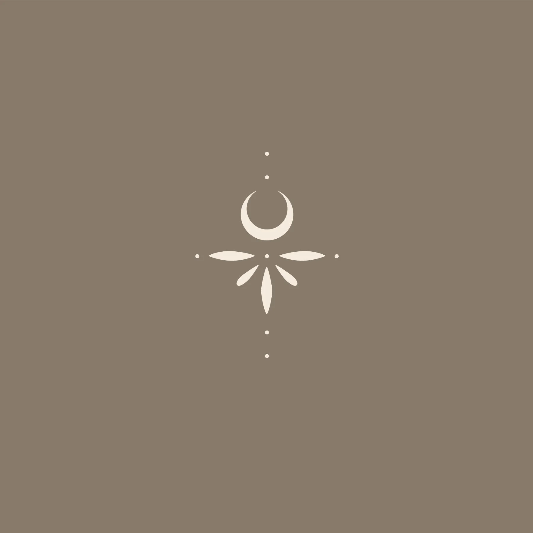 Minimalist abstract design featuring a crescent moon, a butterfly, and geometric shapes on a taupe background.
