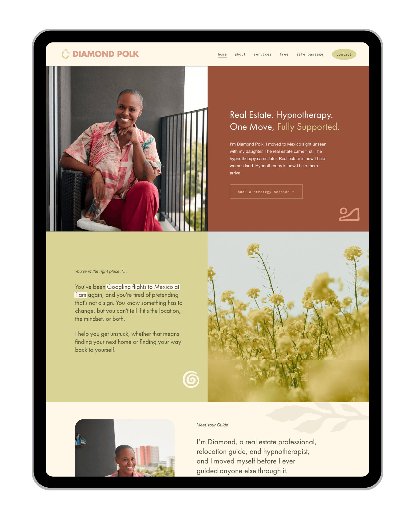Screenshot of a website homepage for Diamond Polk, a real estate professional and hypnotherapist, with a photo of a smiling woman sitting on a balcony, text describing services, and a background of yellow flowers.