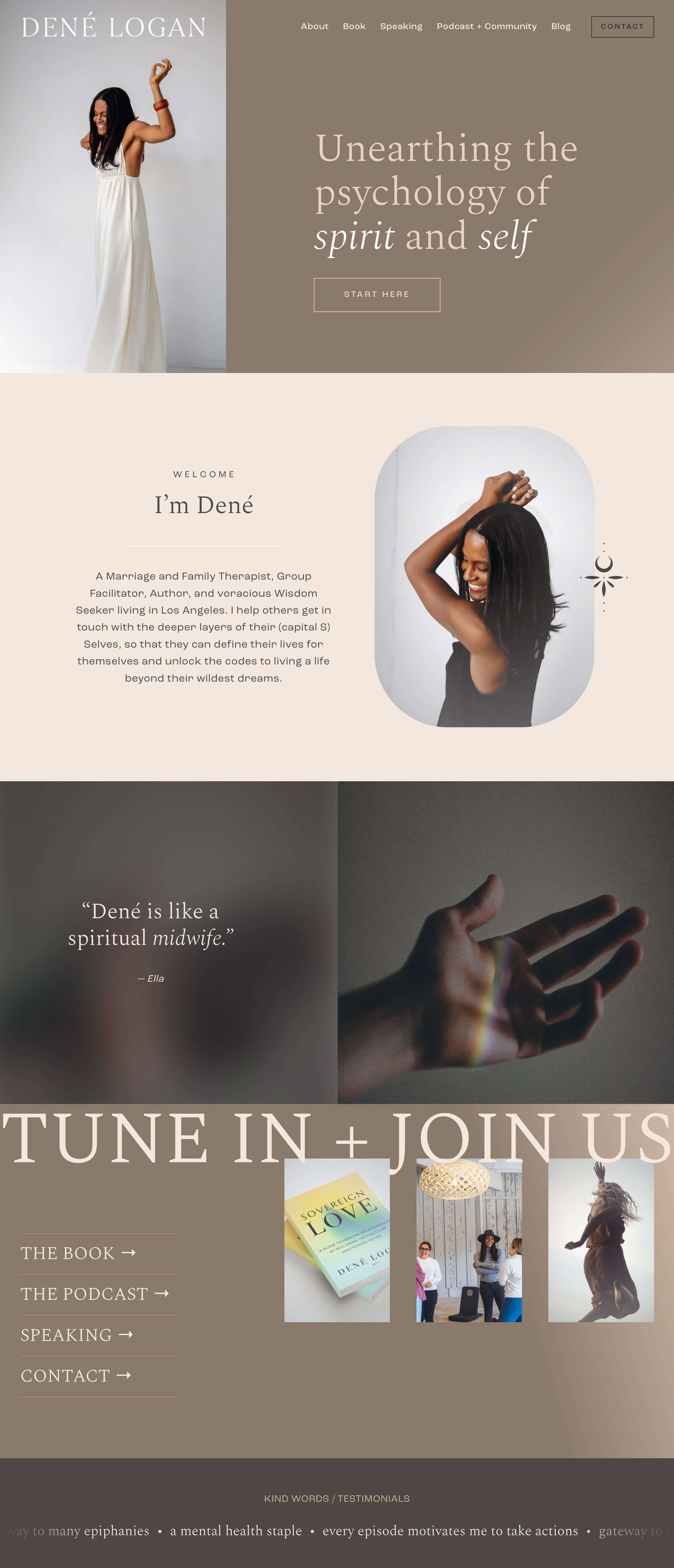 A webpage for Dené Logan featuring a woman dancing in a white dress, with sections about her services, a quote, and promotional content for her book, podcast, and speaking engagements.