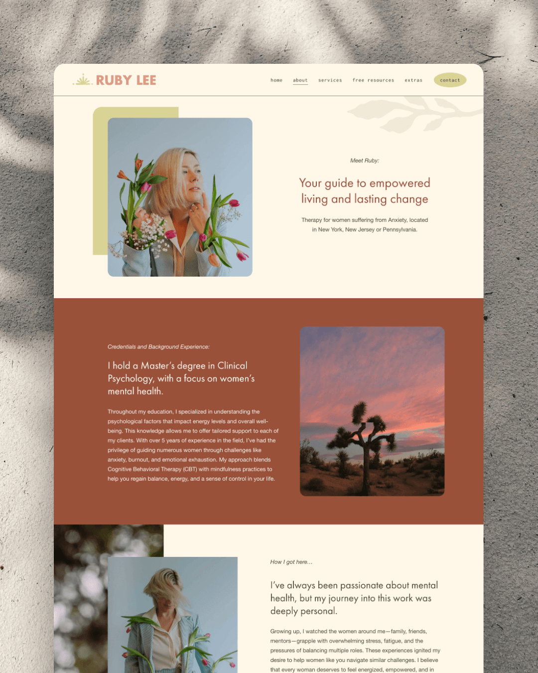 A website homepage for a mental health therapist named Ruby Lee, featuring a photograph of a woman with blonde hair surrounded by flowers, a section describing her background and expertise, a scenic desert sunset image, and navigation menu links.