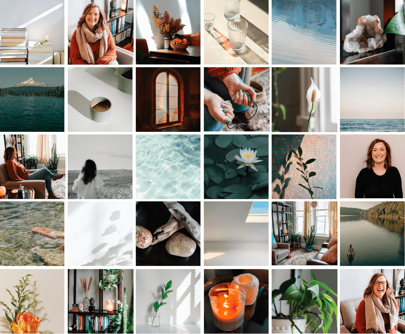 photo collage set of branded images for Alex, a woman in a dark orange sweater, smiling. Stock images shown are of lotus flowers, candles, swimming in the lake.