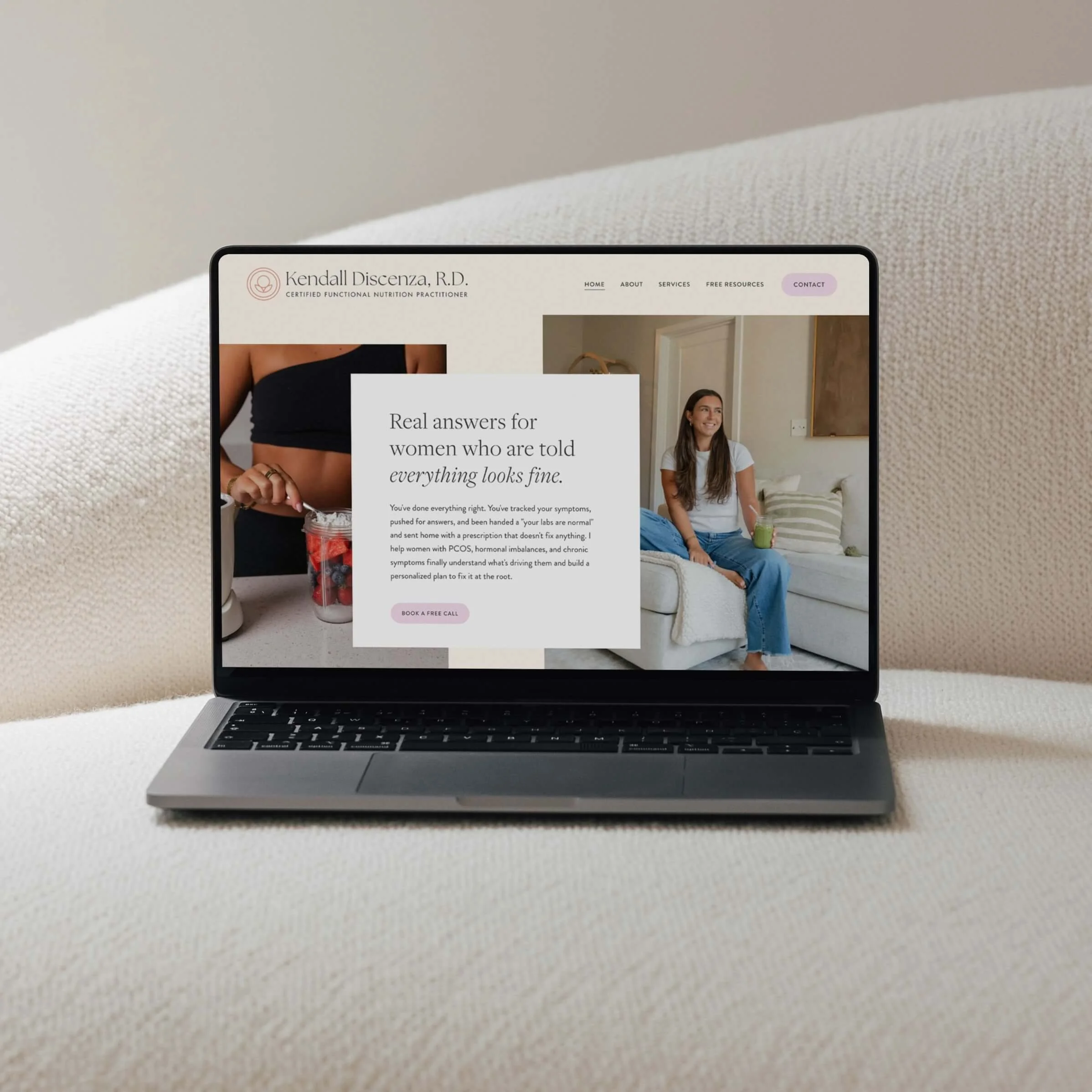 Mockup of a website for a nutritionist on laptop on white chair