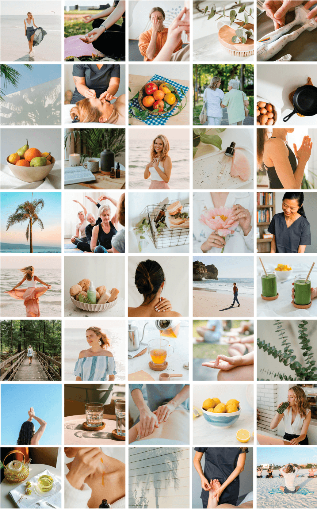 Photo collection of acupuncture, cupping, bright sunsets, woman twirling on the beach, a yoga class, overall a feeling of wellness and brightness.