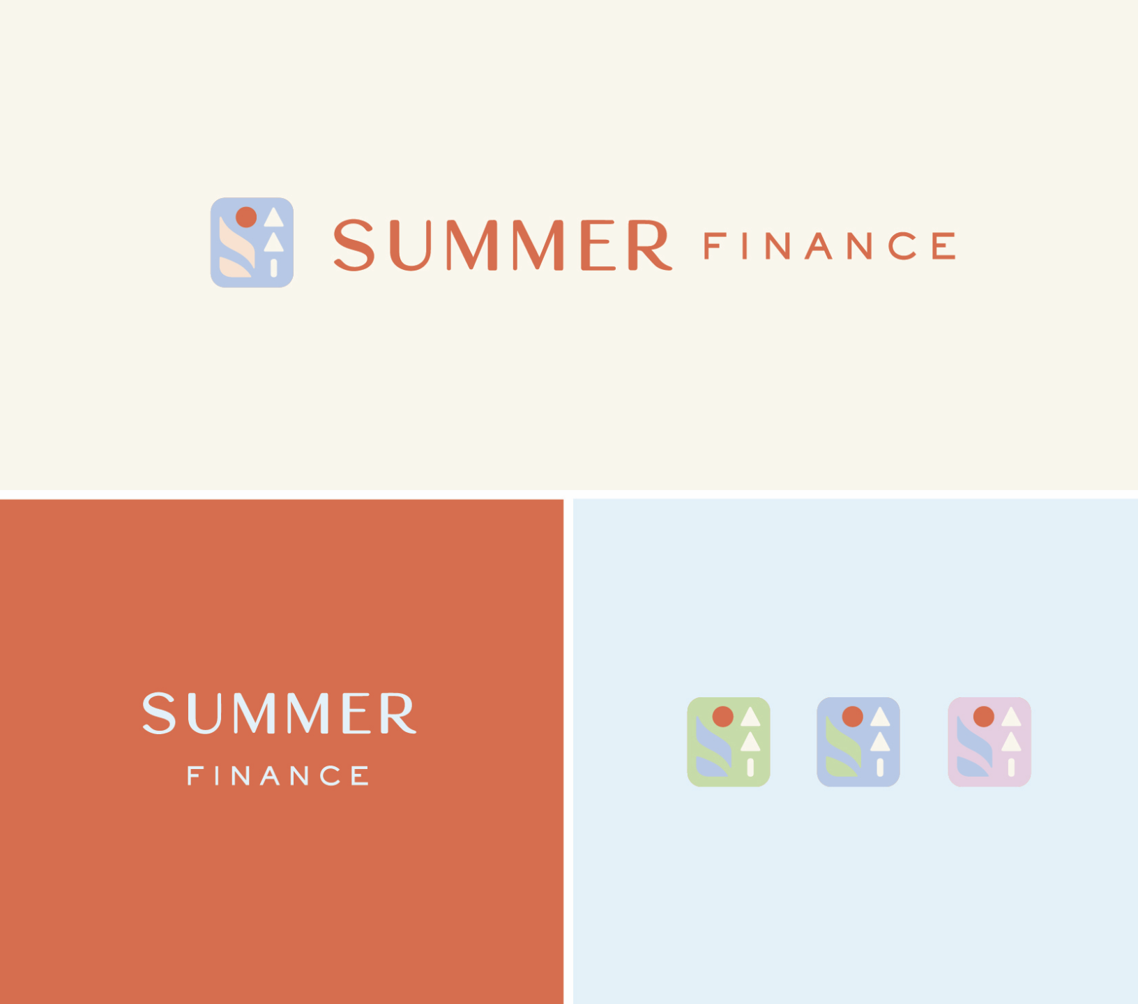 Logo design for Summer Finance, red text sans serif font on light cream background with a logo icon that is geometric and abstract.