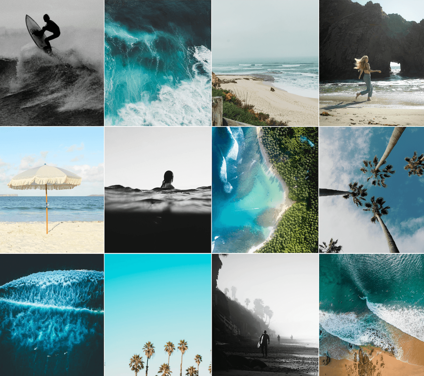 Branded photo collection featuring blue ocean waves, black and white imagery of men and women surfing, and beach umbrellas.