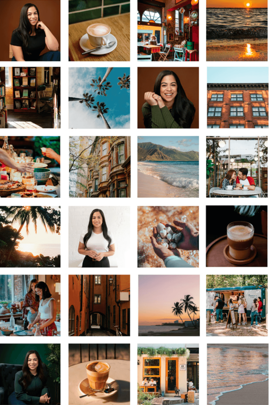 Photo grid of imagery of the beach, palm trees and smiling woman with brown hair