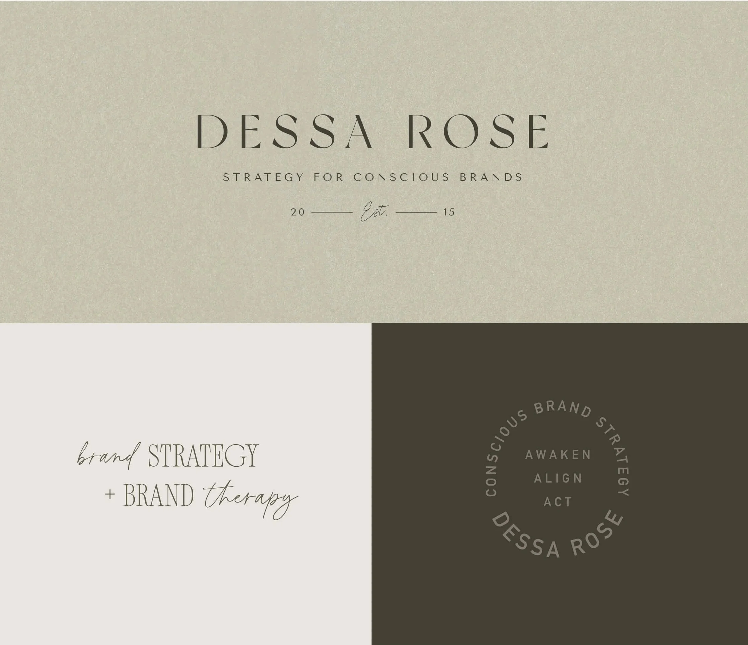 logo design for dessa rose, business strategist, delicate sans serif font on a dark brown and light green background.