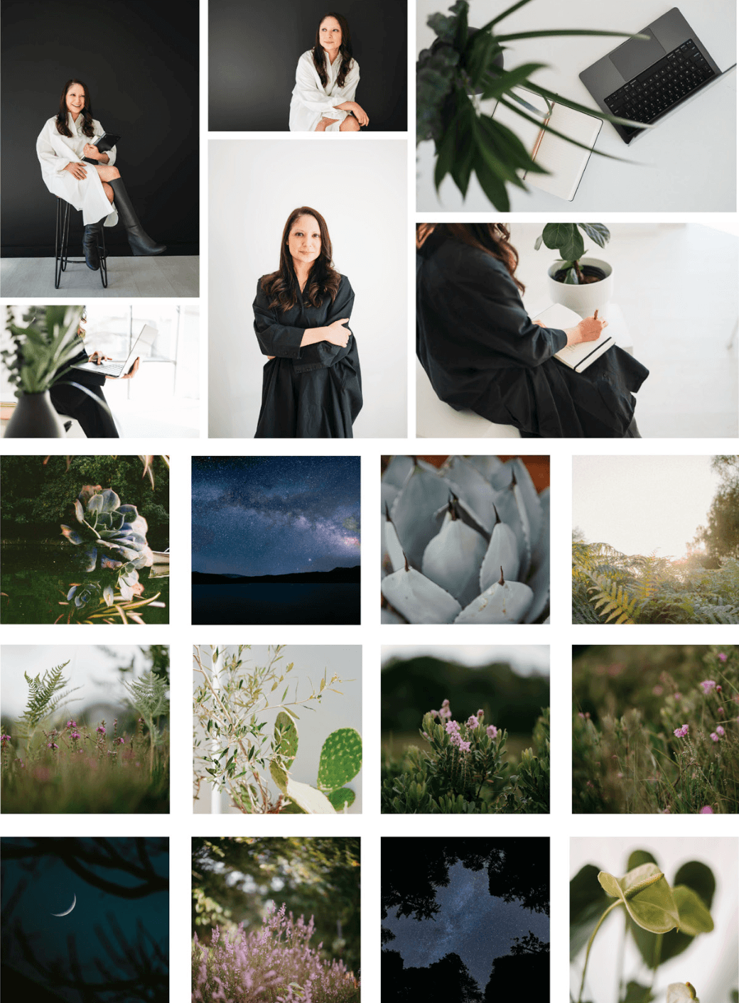 photo collection of woman with dark hair arms crossed with black dress, looking at camera. Stock images of greenery, succulent and the dark blue starry night sky.