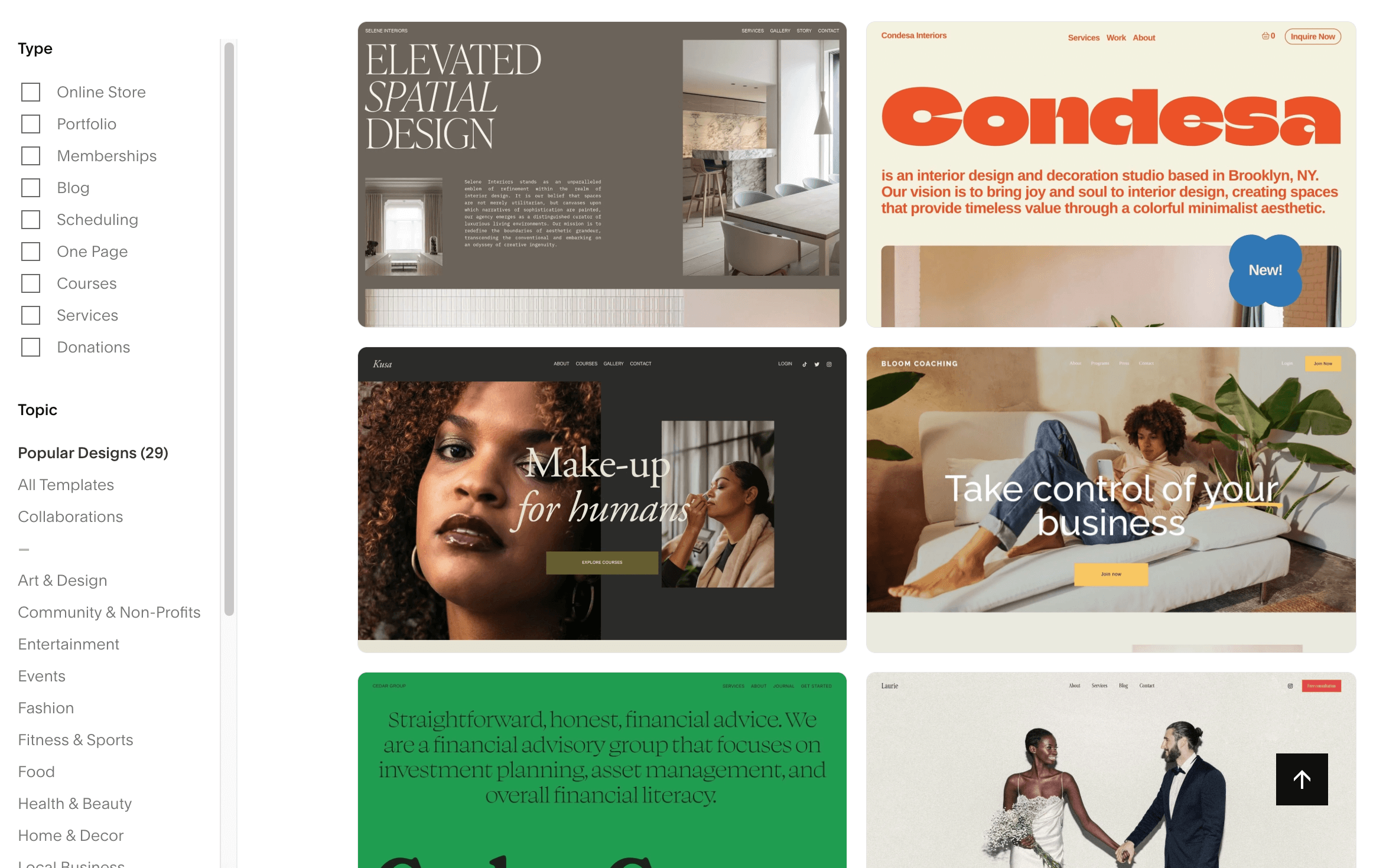 Image of 6 website template designs from Squarespace