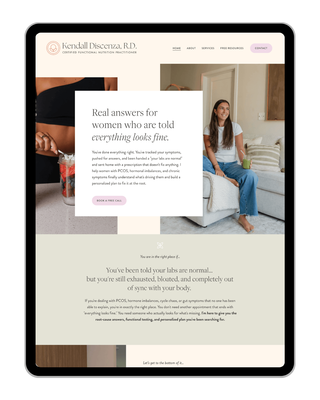 Screenshot of a website homepage for Kendall Discenza, R.D., a nutrition practitioner. The site features a woman smiling and sitting on a couch holding a green smoothie. The page includes text about providing personalized health solutions for women d