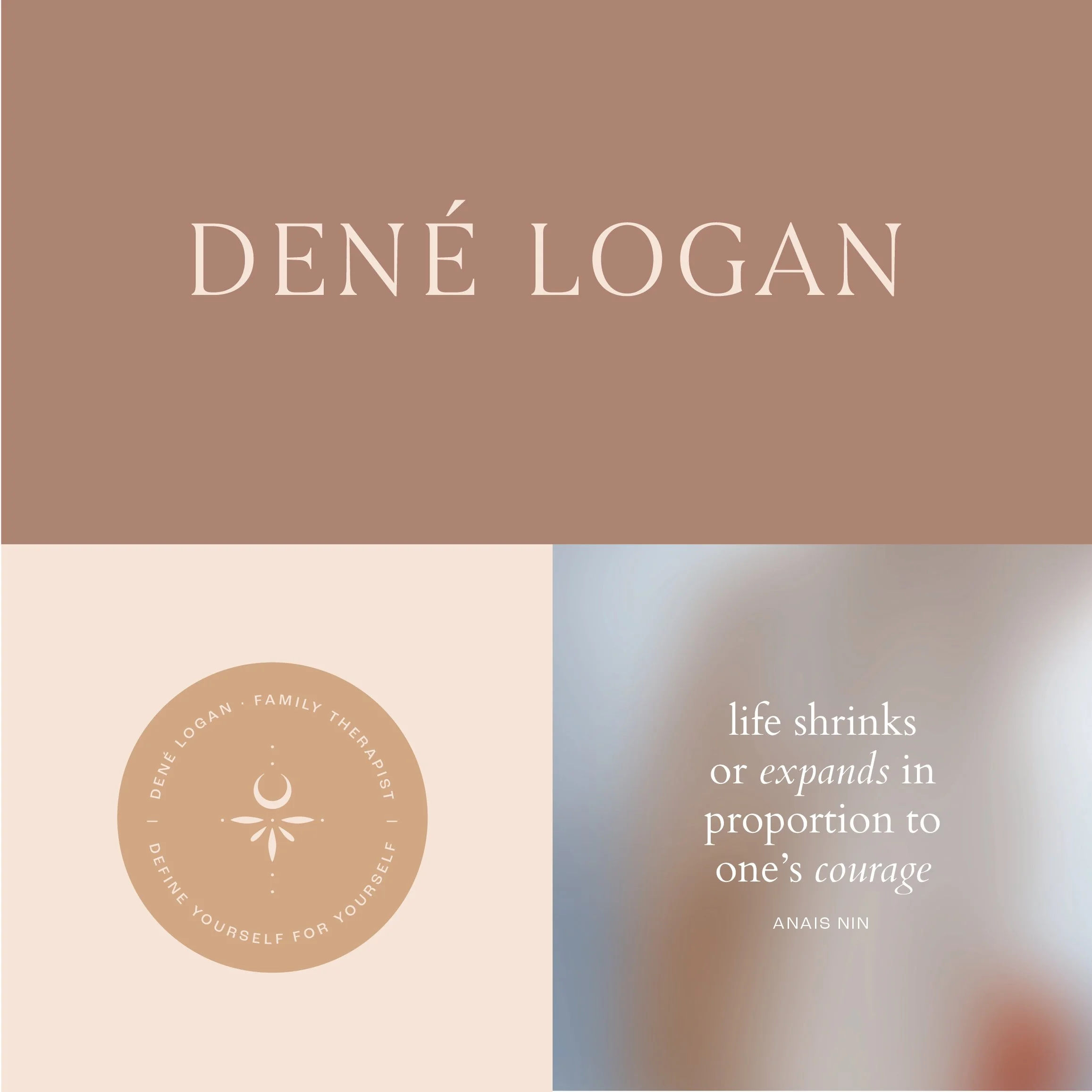 Logo for dene logan, simple serif font, with warm brown, light brown and cream