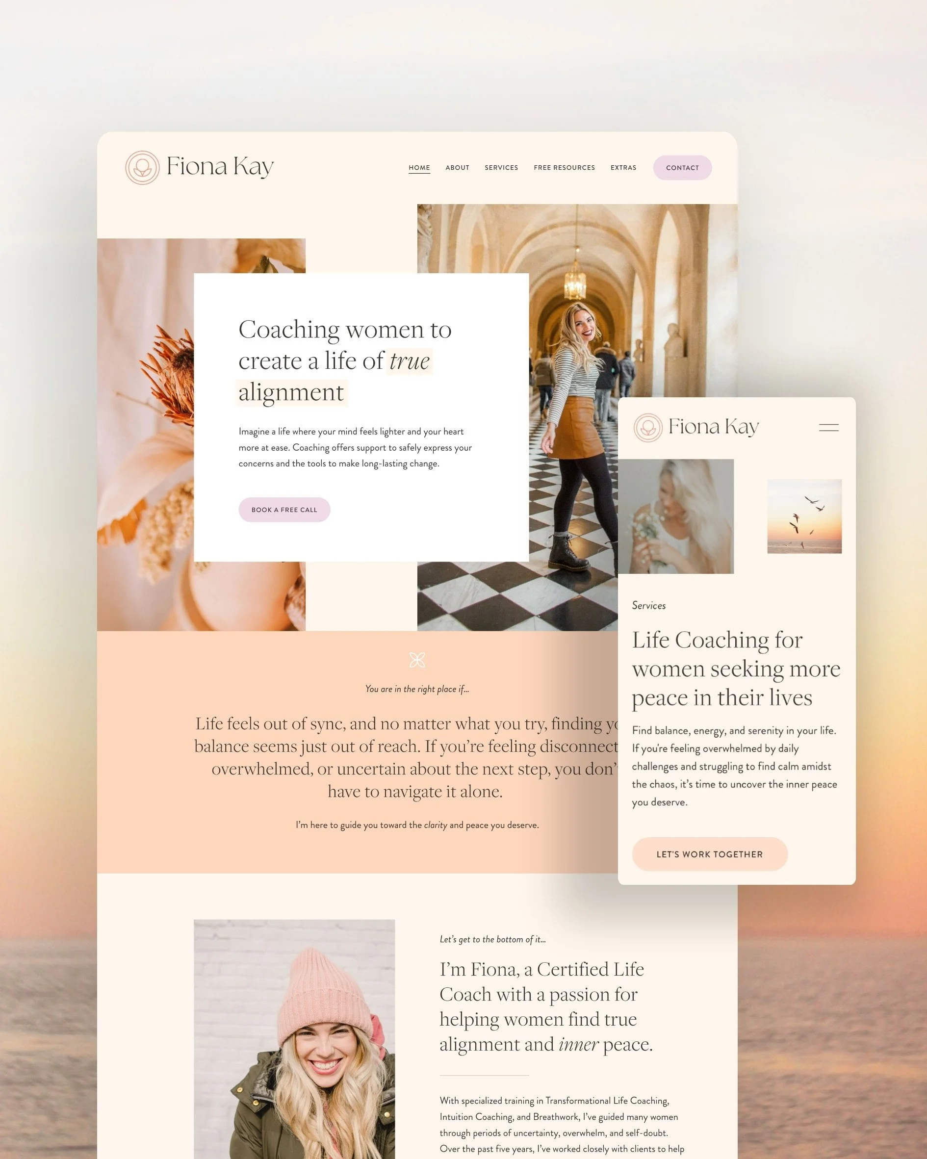 A website homepage for Fiona Kay, a life coach for women, featuring images of a smiling woman in a pink knit hat and a woman walking in a corridor, with text about life coaching and services.