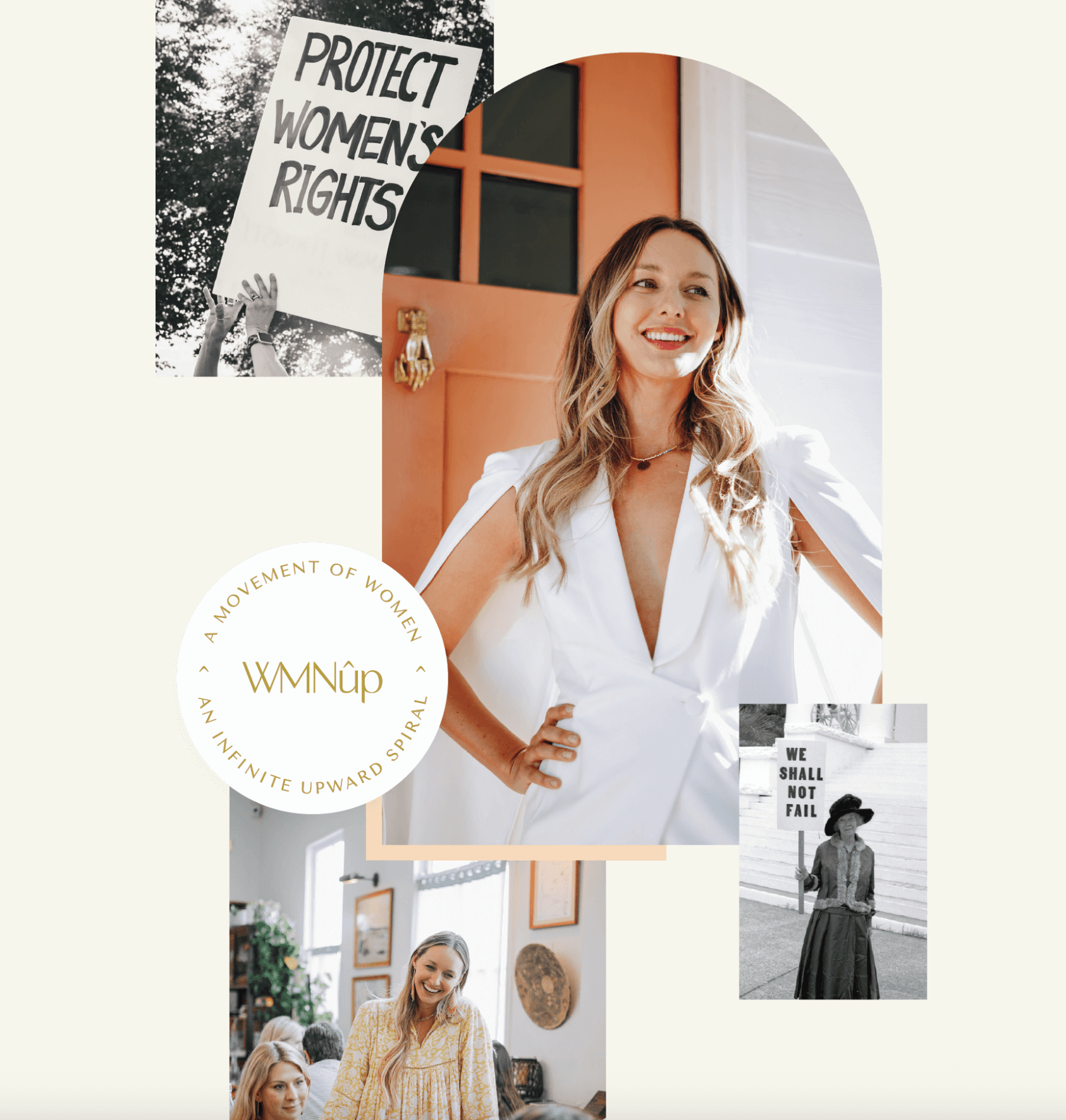 photo collage of woman with hands on hip, blonde, smiling in white suit with black and white images around her